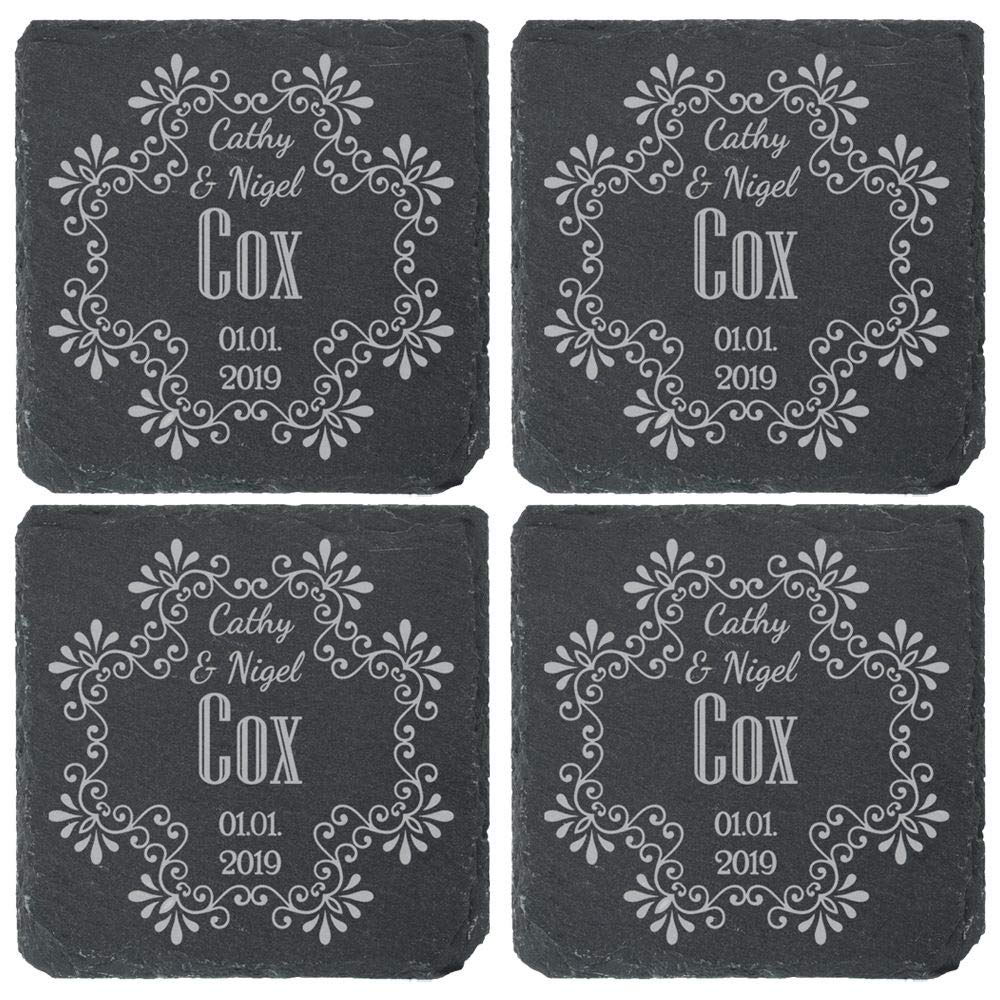 All Things Personalised Set Of 4 Personalised Engraved Square Slate Wedding Coaster With Names