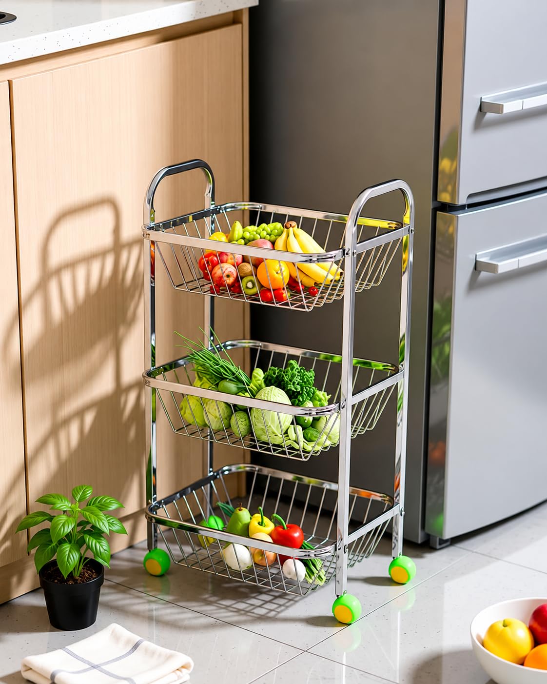 PRO ASTROL 3-Tier Rolling Vegetable Fruit Storage Cart, Stainless Steel Kitchen Organizer Stand with Wheels-image-47