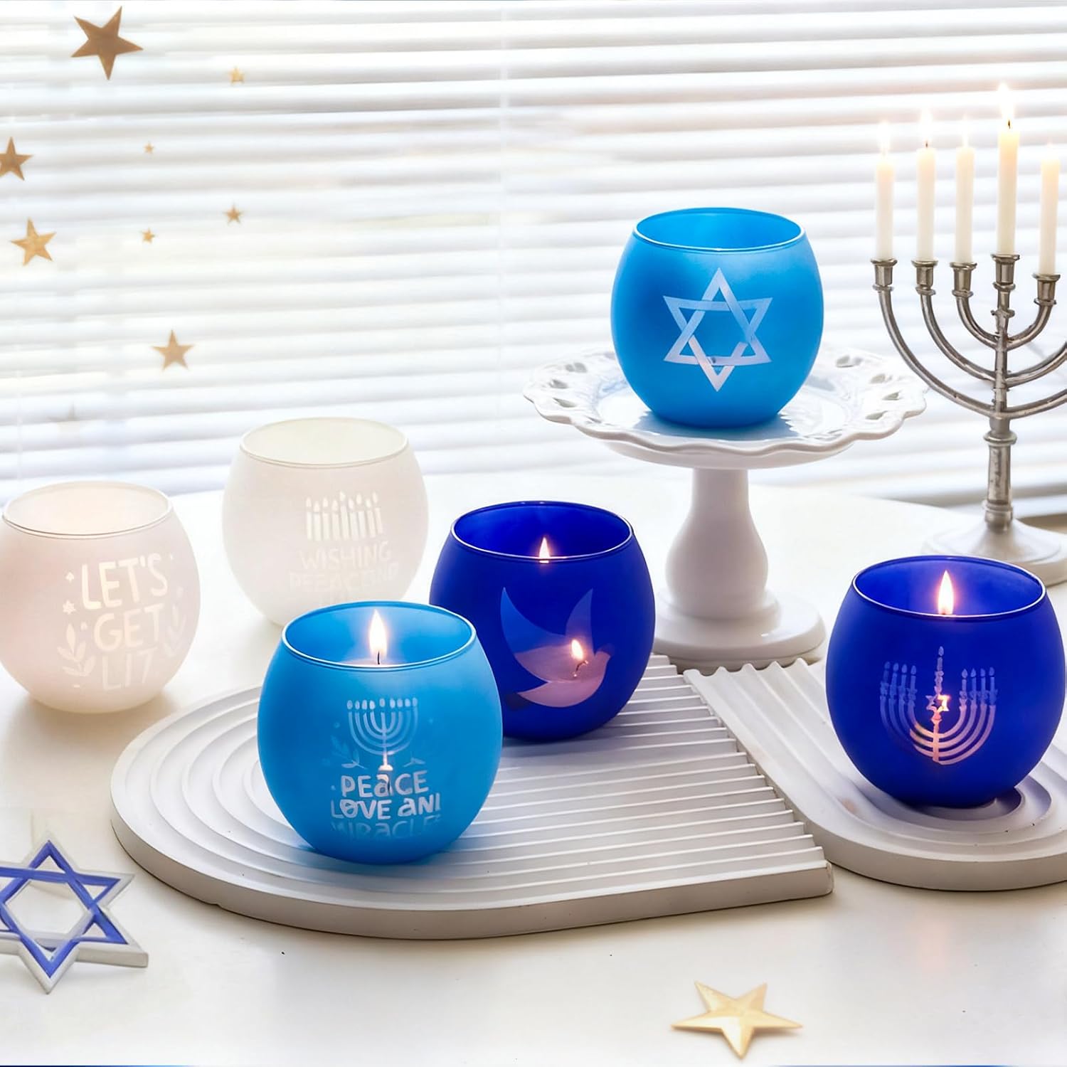 Hanukkah Decorations Indoor 6 PCS Tealight Votive Candle Holders with Menorah, Star of David for Jewish Holiday Decor - Blue and White Hanukkah Gifts & Table Decor