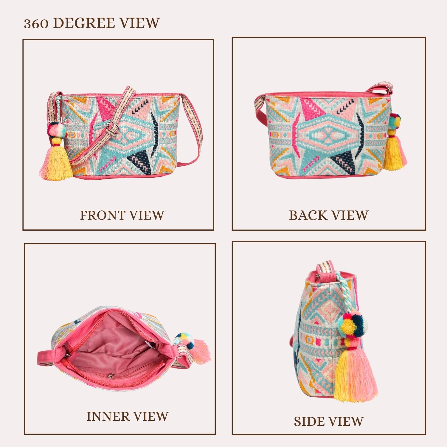 Anekaant Women Boho Fluorescent Pink & Multi Ethnic Jacquard Cotton Sling Bag 1