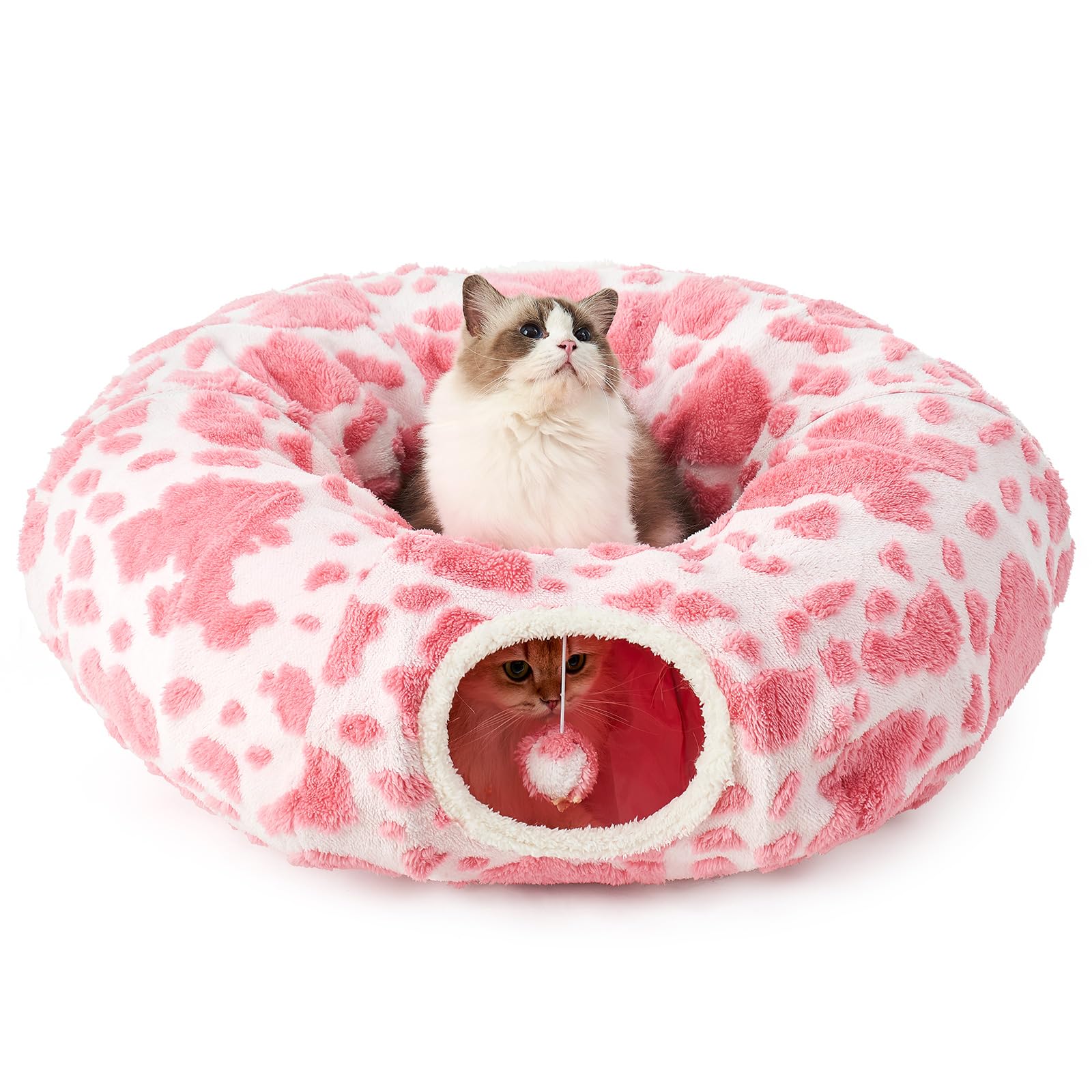 COZY KISS Tunnel per Gatti Interni con Letto, Tunnel con Due Entrate, Cuccia Con Cuscino Lavabile, Peluche Morbida, Interattivo per Cuccioli/Gattini/Conigli (Rosa & Nero, 85D)