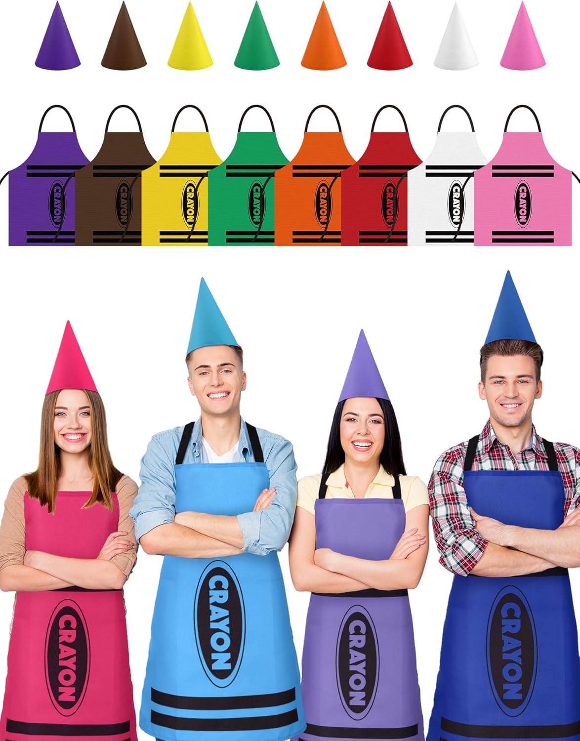 Mepase 8 Set Color Crayon Apron and Funny Gnome Cone Hats for Costume Set for Adults Fancy Dress Outfit Halloween Cosplay