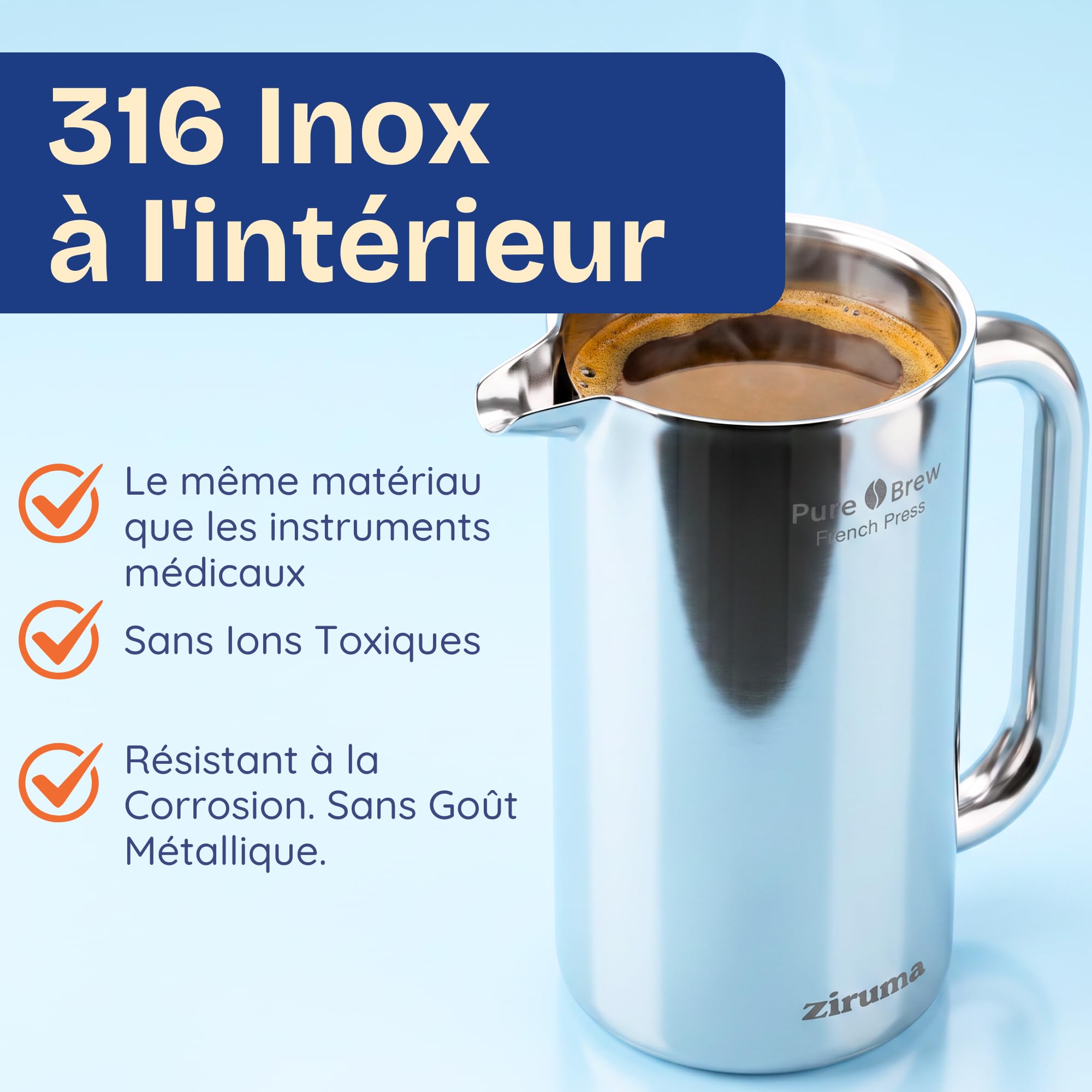 Ziruma Non Toxique Cafetière à Piston, Sans Plastique, Double Paroi, 1L