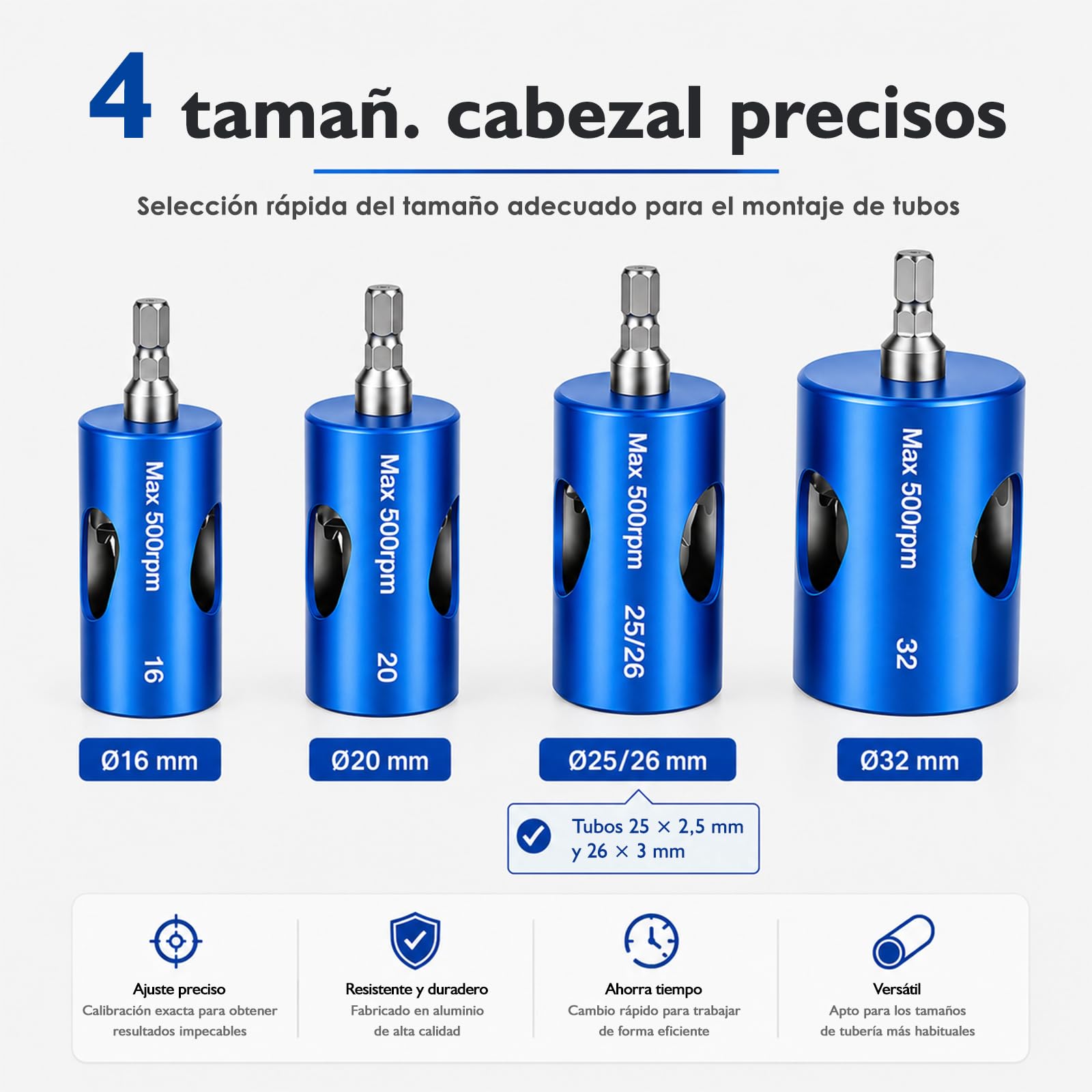 Kit Pro Escariador, Abocardador y Calibrador Multicapa Ø16-20-25/26-32 mm, Desbarbador para Taladro con 4 Cabezales, Mango y Maletín PEX PER