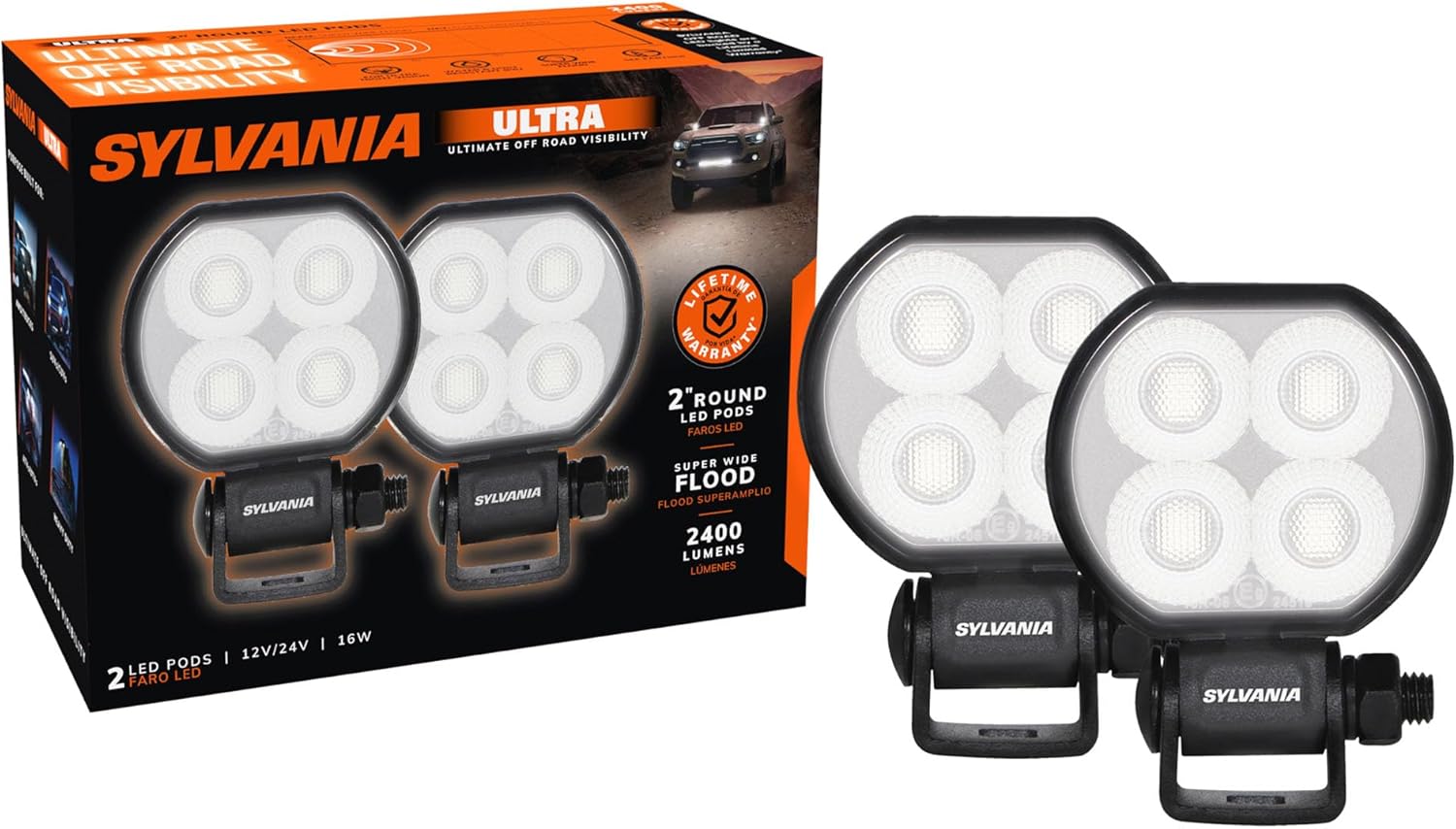 SYLVANIA - Ultra 2 Inch Round LED Light Pod - Lifetime Limited Warranty - Flood Light 2400 Raw Lumens, Off Road Driving Work Light, Truck, Car, Boat, ATV, UTV, SUV, 4x4 (2 PC)