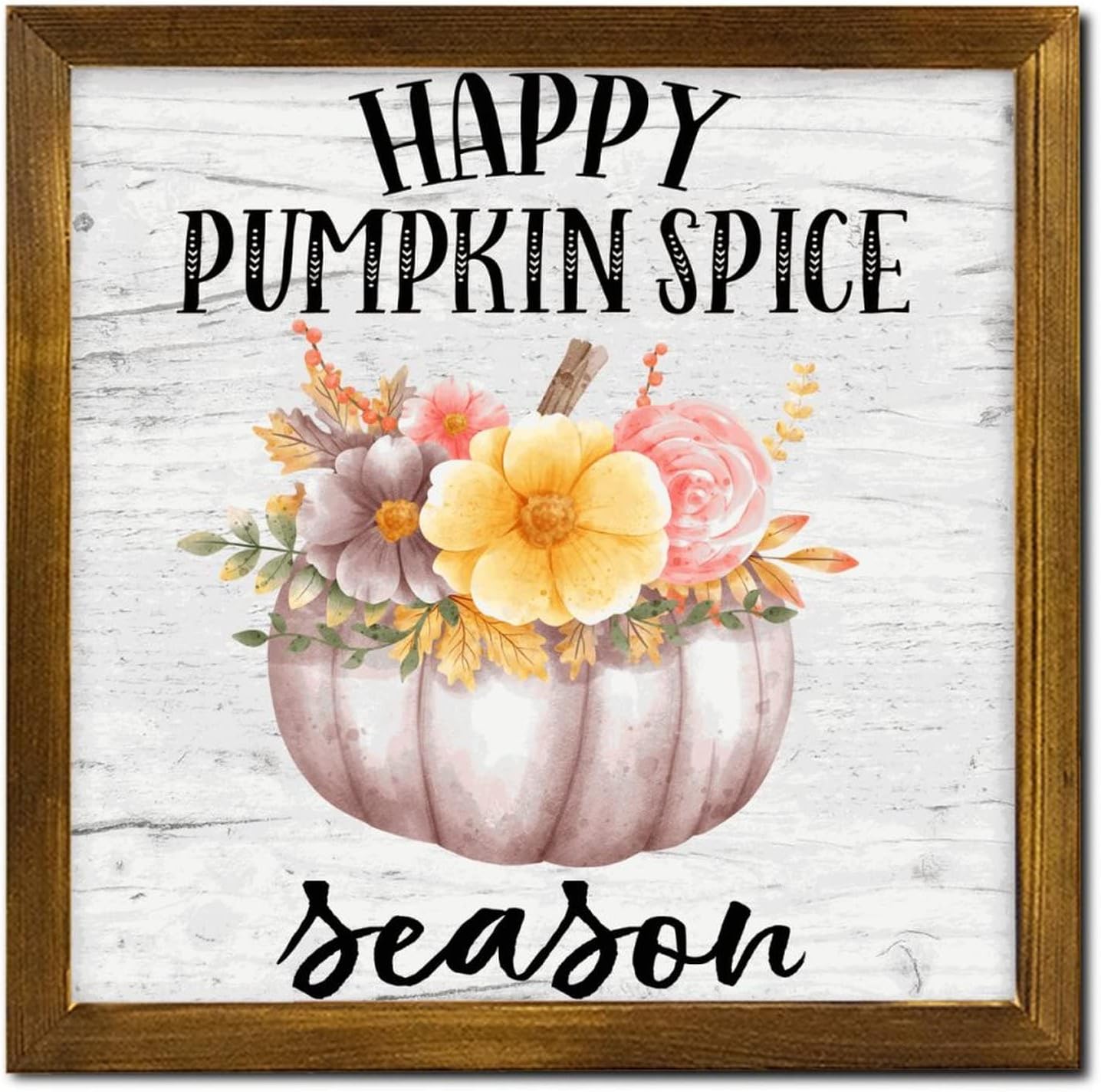 Happy Pumpkin Spice Season Framed Wood Signs Sunflower Maple Leaves Wood Plaque Vintage Autumn Harvest Home Family Wall Decoration for Home Restroom Bathroom Toilet Kitchen 12x12 inch