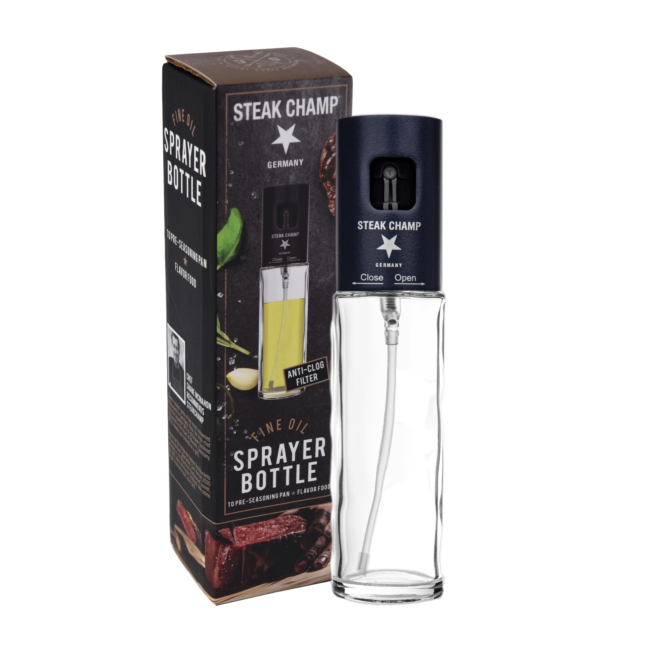 Steakchamp Botella pulverizadora de aceite, filtro antiobstrucción para aceites de temporada, dosificación precisa, vidrio claro, botella pulverizadora de aceite