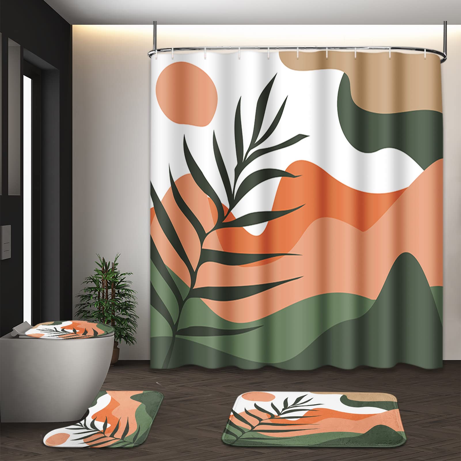 Boho Mid Century Shower Curtain Set with Toilet Lid Cover and Non-Slip Rugs, Abstract Sun Mountain Plants 4 Pcs Modern Shower Curtain for Bathroom Set with 12 Hooks