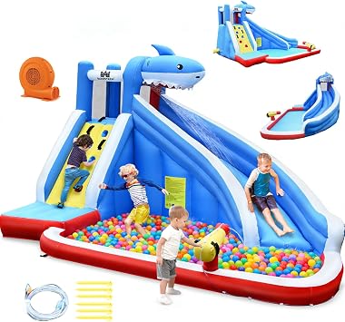 BOUNTECH Inflatable Water Slide, Hippo Themed Kids Waterslide Park for Outdoor w/Long Slide&Splash Pool for Racing Fun, Blow up Toddler Water Slides Inflatables for Kids Adults Backyard Party Gifts