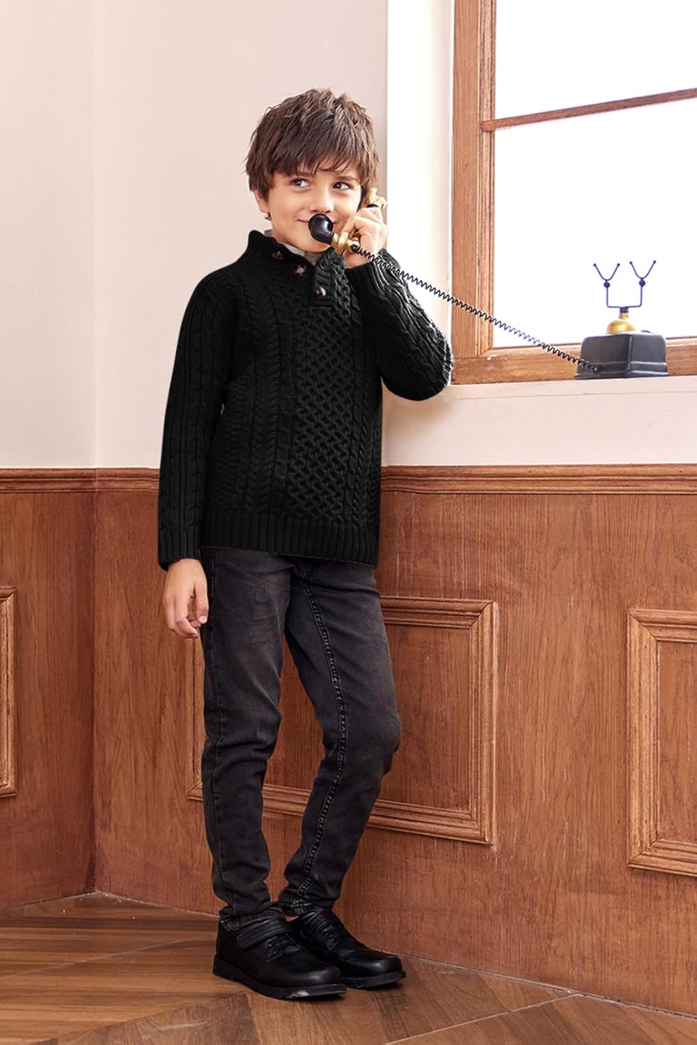 Makkrom Kids and Boys Mock Neck Pullover Sweater Long Sleeve Button Cable Knitted Jumper - Image 4