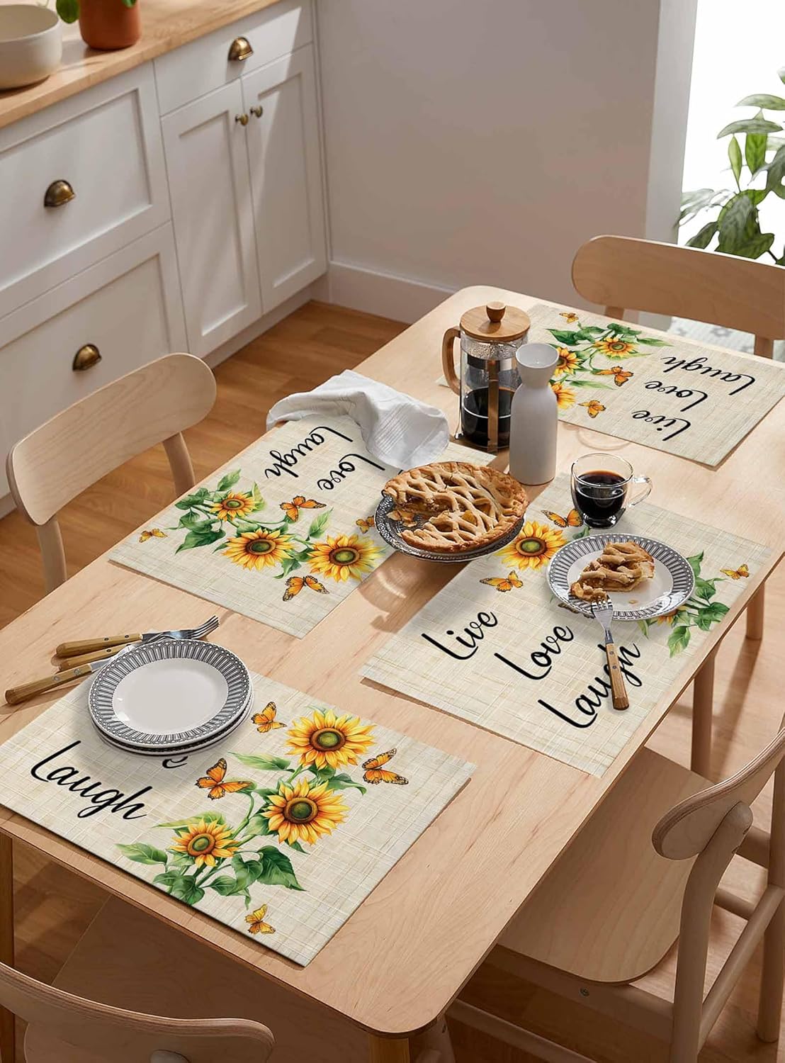 Farmhouse Sunflower Placemats Set of 8 Retro Yellow Floral Butterfly Linen 13x19 Inch Washable Non Slip Linen Table Mats, Rustic Summer Placemats for Dining Table Party Kitchen Decor