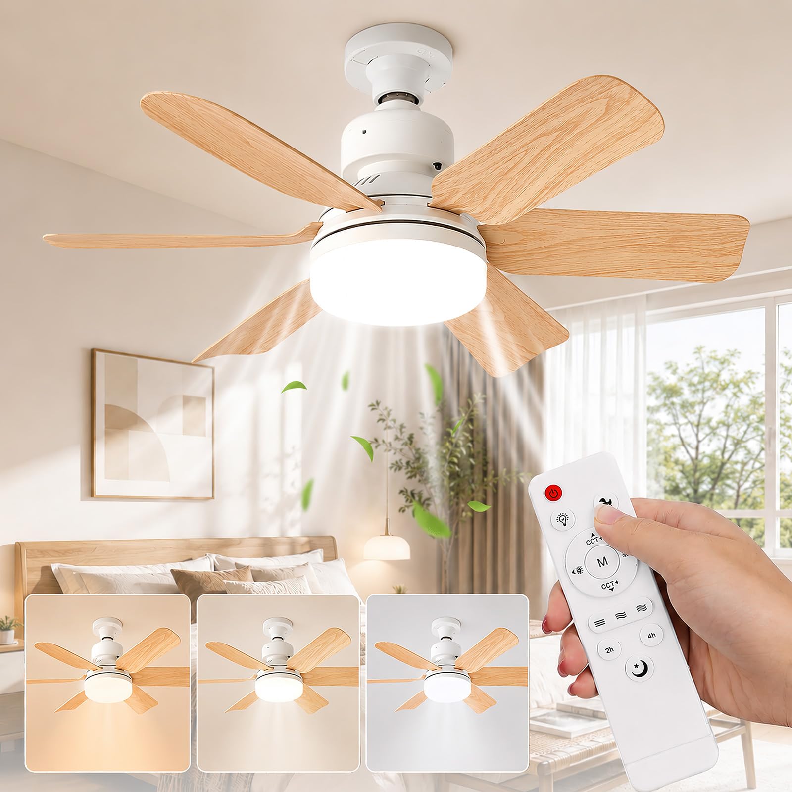 Ventilateur de Plafond avec Lampe avec Télécommande,40W Lampe Ventilateur Plafond avec Douille E27,Dimmable Ventilateur Plafond LED pour Chambre, Salon,3 Vitesses (E27-Bois)