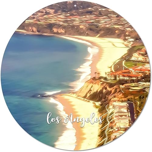 Round Metal Tin Sign Plaque American California State Los Angeles City Skyline Scenery Cityscape City View Vintage Wreath Sign Metal Poster