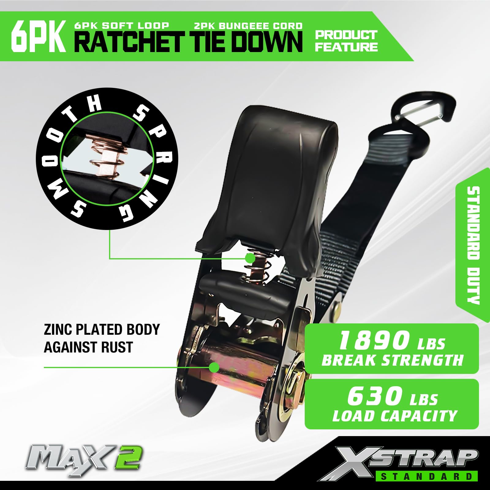 XSTRAP Standard Spanngurte mit Ratsche – 6 Stück, 2,5 cm x 4,8 m – 857 kg Bruchfestigkeit, Sicherheitsverriegelung, S-Haken, mit 6 weichen Schlaufen, 2 Bungee-Schnüre, logistische Cargogurte für