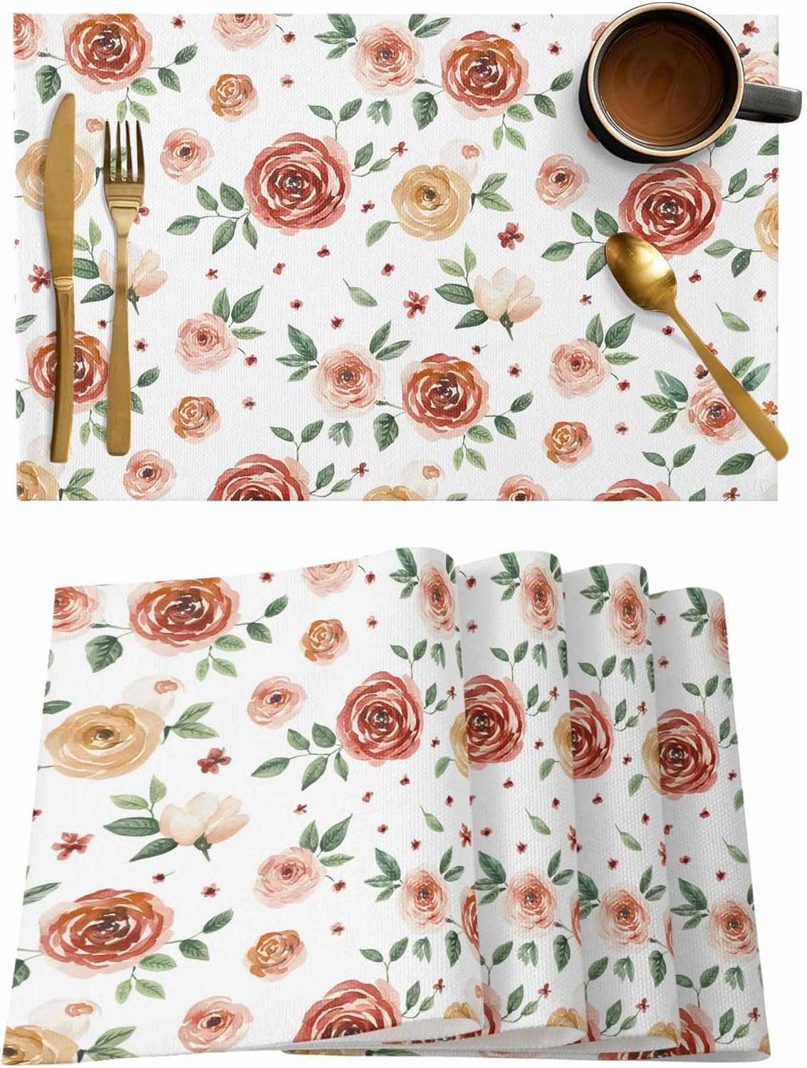 Red Roses Placemats Set of 6 Vintage Rustic Floral Pattern Heat Resistance Non Slip Table Mats Place Mats for Kitchen Dining Table Home Decor 13 x 19 Inches