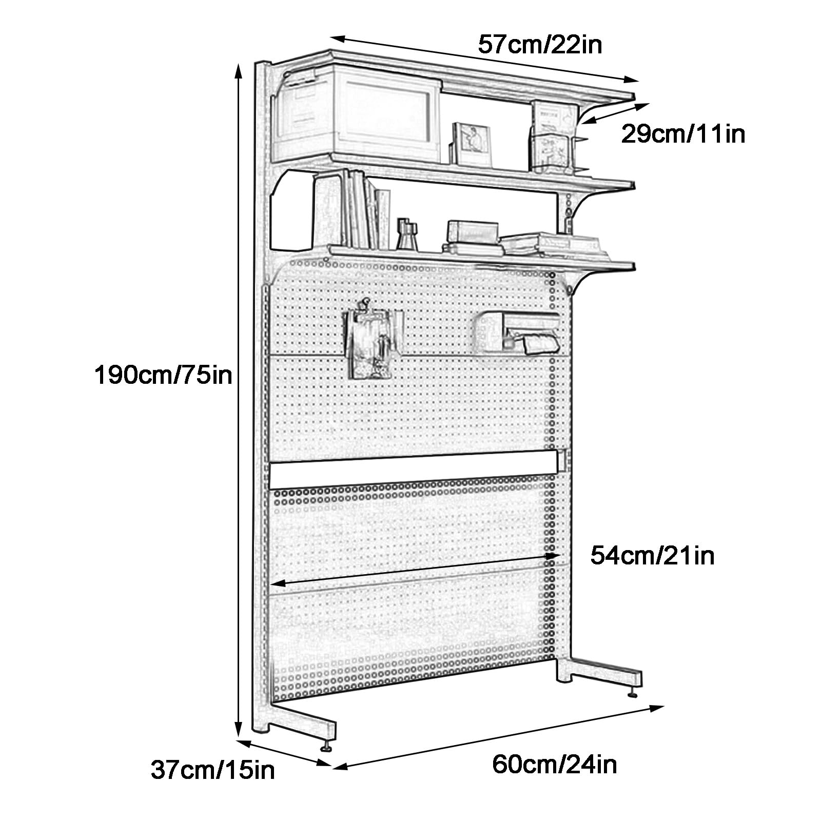 Wszechstronne metalowe panele Pegboard do ekspozycji, 3-warstwowy stojak do przechowywania laminatu, czarny organizer na książki, tablica na kołki 60 cm do domu i biura, trwała i stylowa