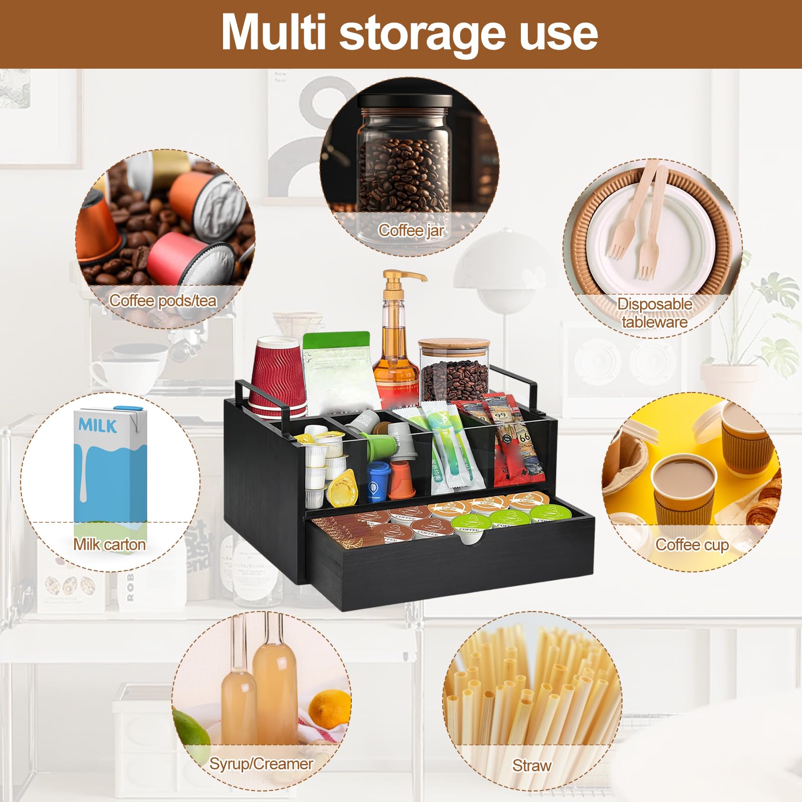 Organizador de Café y Té, Organizador de Barra de Café con 5 Compartimentos y 1 Cajón dispensador capsulas, Caja de Madera para Accesorios de Cafetera, Estación de Cafe de Escritorio (Negro)