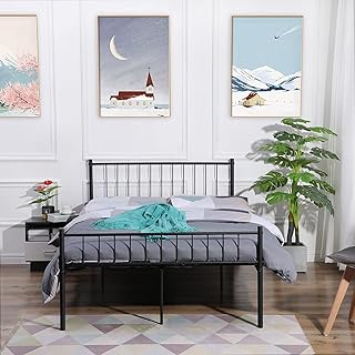 FURNITABLE Small Double Bed Metal Bed Frame Solid Bedstead Base with 2 Headboard for Adults Childre, Fit for 120 x 190 cm Mattress, Black