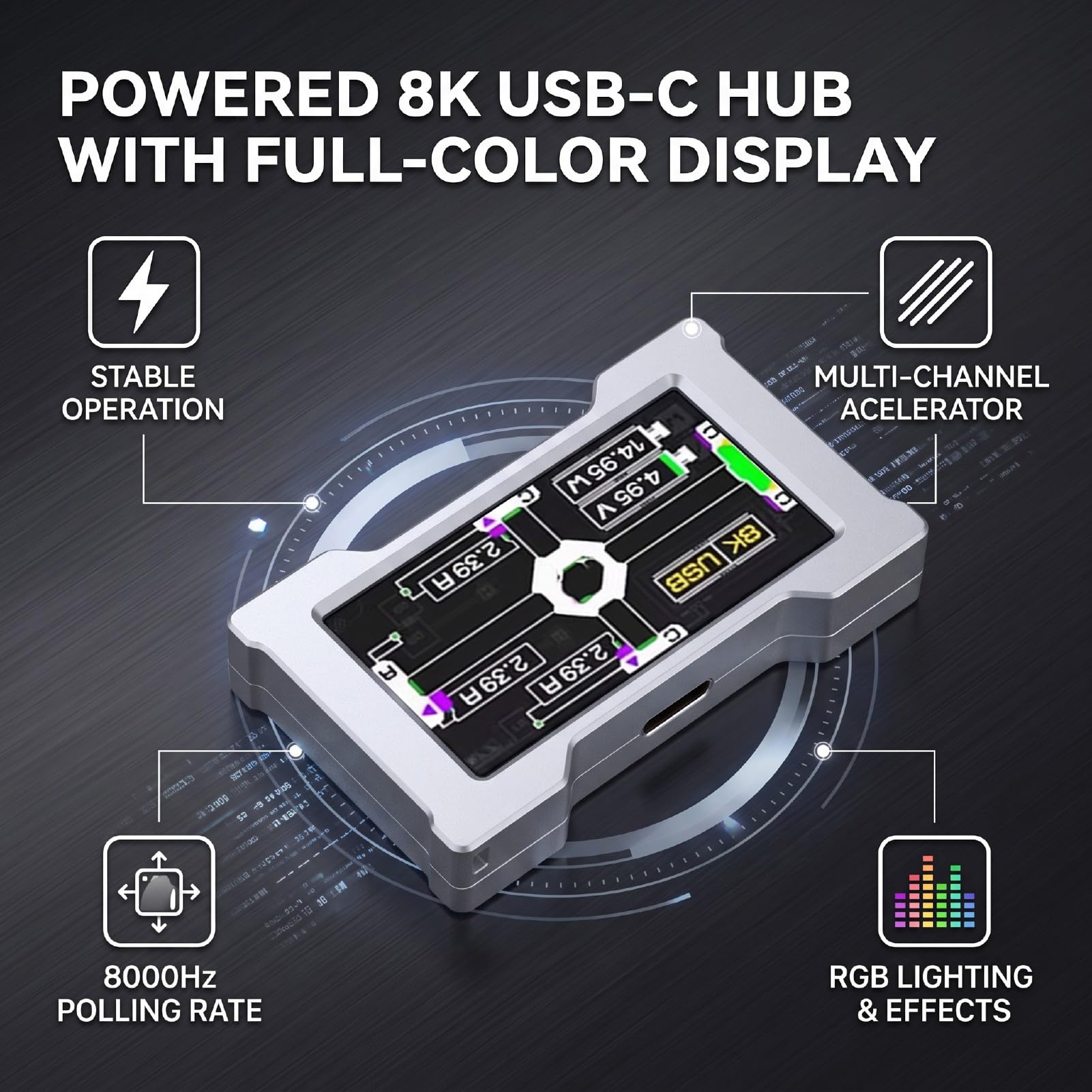 Fabater Stacja Dokująca USB C Hub 8K z Kolorowym Ekranem IPS (SILVER)