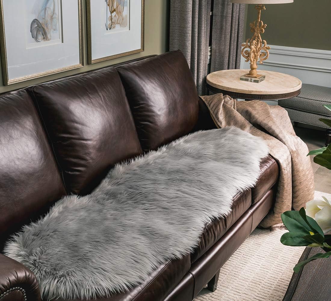 SERISSA Ultra Soft Fluffy Rug Grey Faux Sheepskin Fur Area Rug Shaggy Couch Cover Seat Cushion Gray Furry Carpet Beside Rugs for Bedroom Floor Sofa Living Room Runner 2x6 Feet Grey