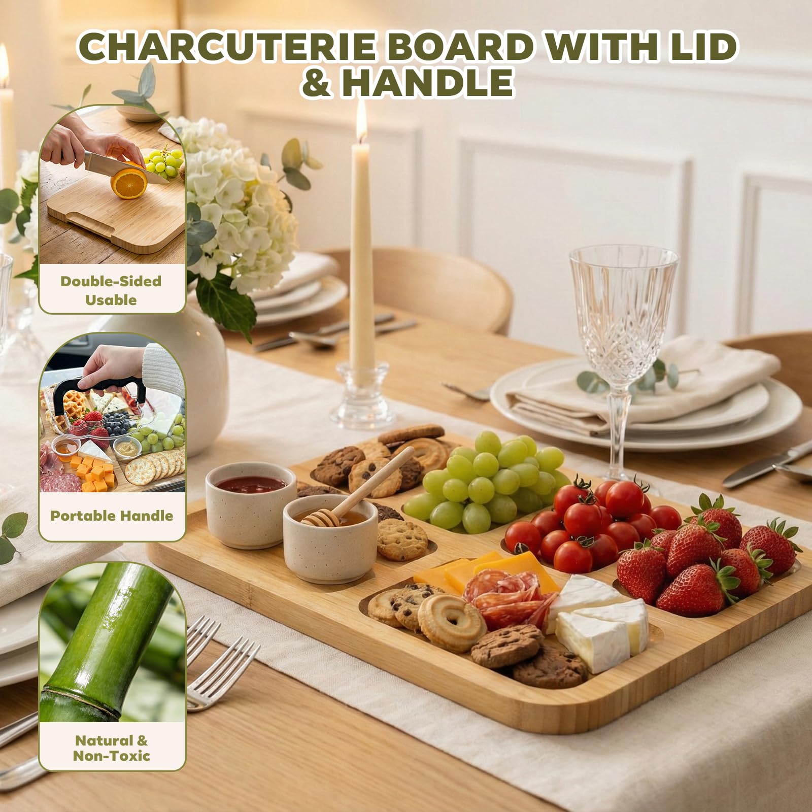 Deska do serów z bambusa Charcuterie Board z pokrywką – Przenośne deskowanie z 6 przegródkami, drewniana deska z dzbankiem do sera z PET, deska do serwowania serów, wędlin i przekąsek – Idealna
