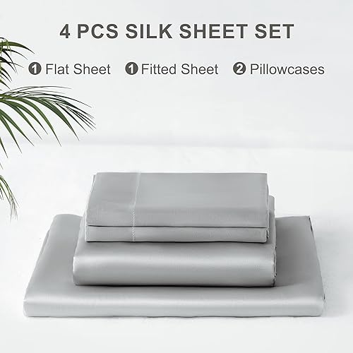 Miniatura 3 de HusiAjiesilk Juego de sábanas de seda, 4 piezas, 100% seda de morera, juego de ropa de cama de lujo tamaño King 7A con sábana encimera, sábana