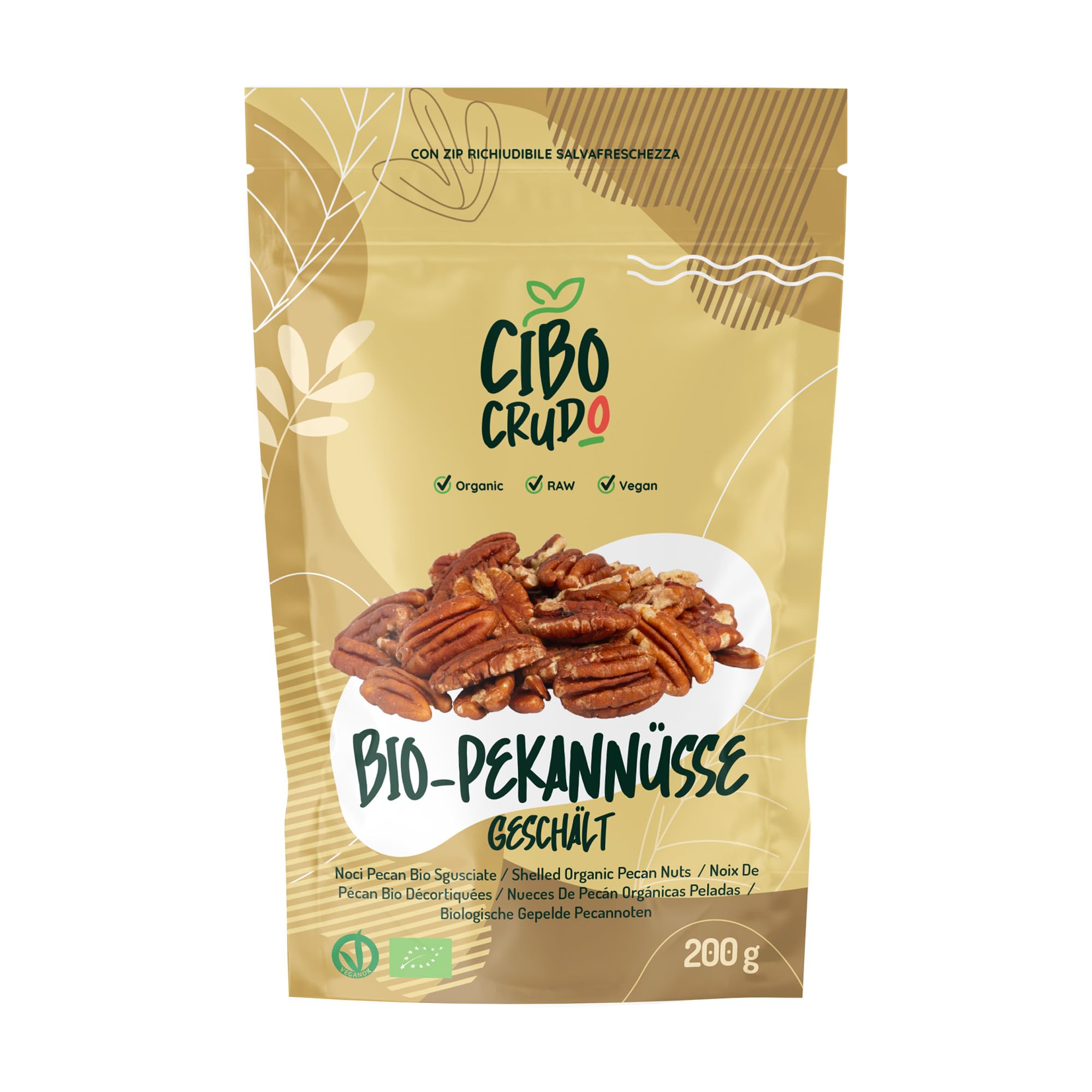 Pekannüsse Bio Geschält - 200g. Pecannüsse Roh Ungesalzen und Naturbelassen. Quelle für Ballaststoffe Ungesättigte Fettsäuren Mineralsalze und Aminosäuren. Organic Pecan Nuts.