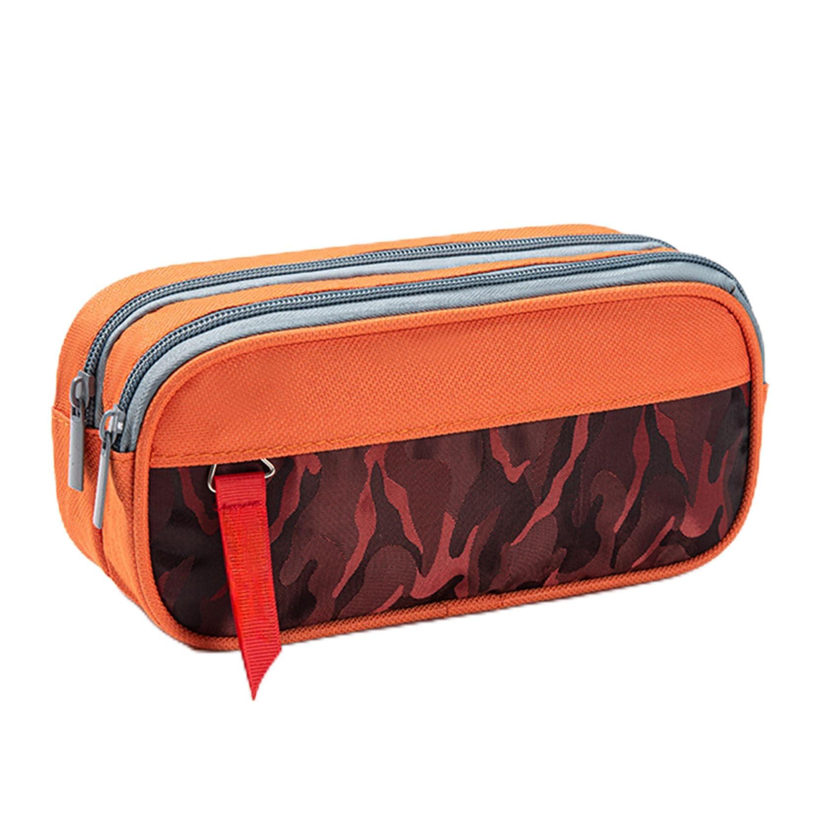 RubyTint Portable Large Capacity Pencil Case – 3-Compartment Fabric Stationery Organizer for School, Office & Travel, Camouflage Pen Bag for Boys & Girls (Orange)