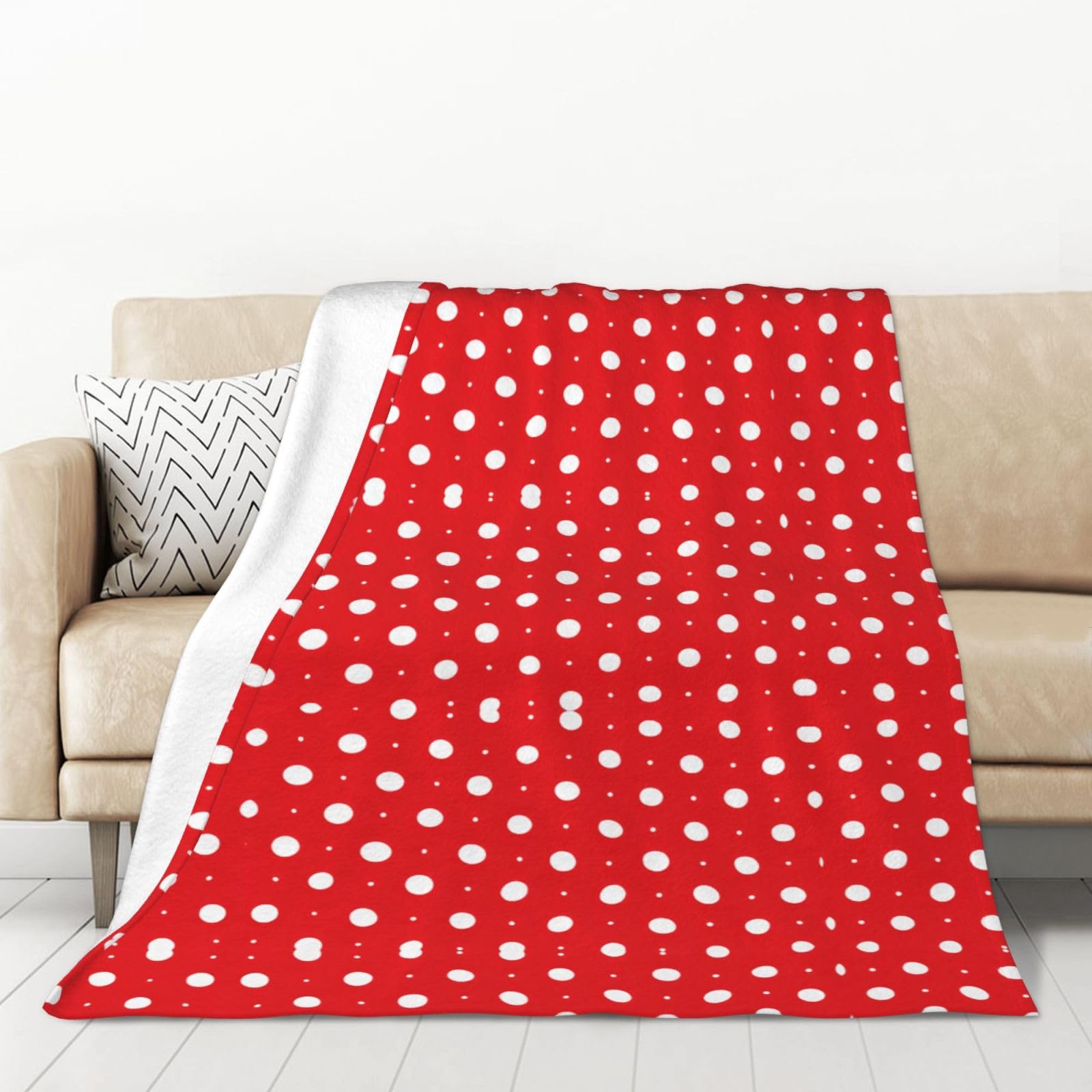 AUGUSTRUSH Red White Polka Dots Flannel Blanket, Anti-Pilling Bedding Throw, Soft Lightweight Thermal Blanket, Compact Foldable for Bed, Sofa, Camping, Travel Gifts, 178x127cm, 320g flannel