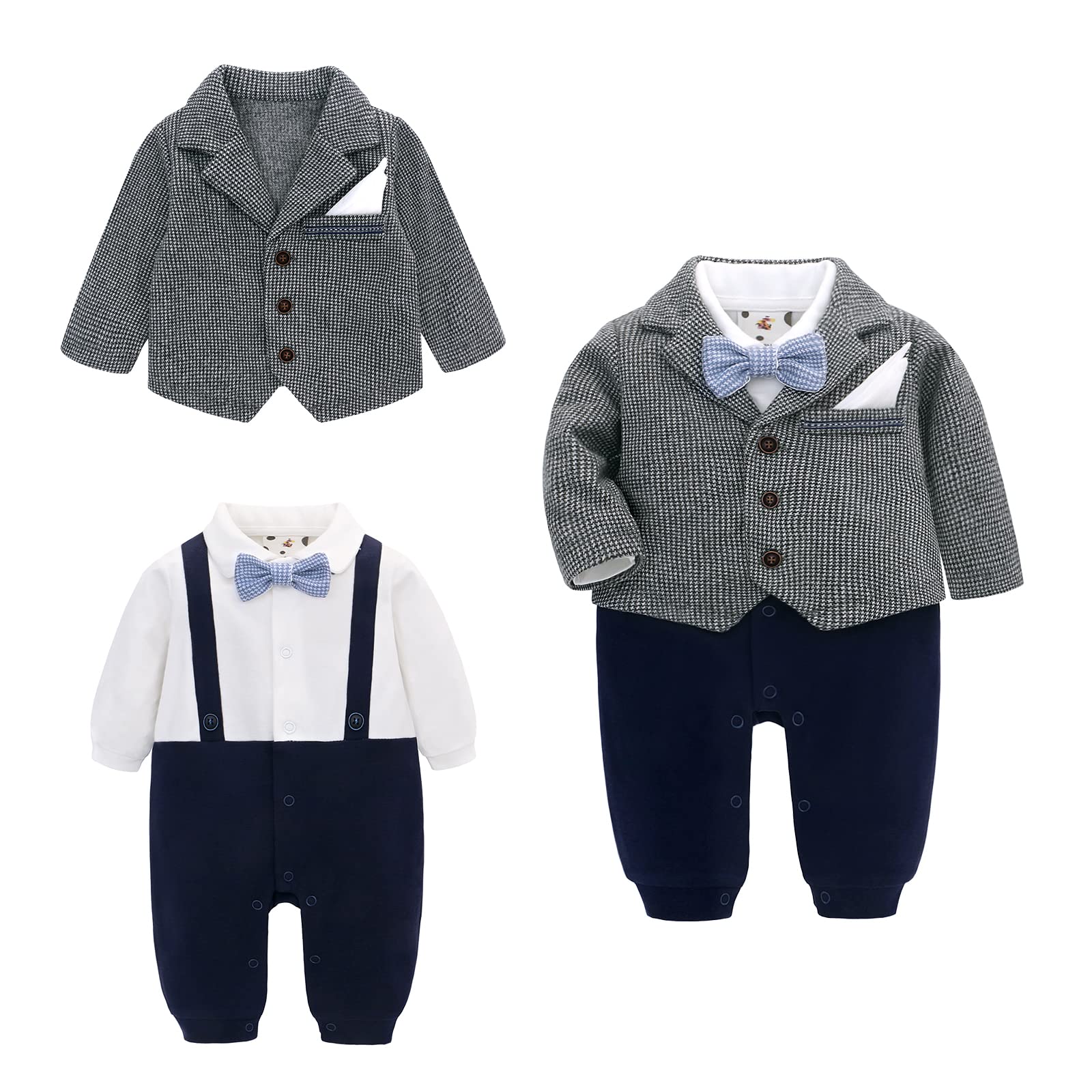 famuka Bebé Niños Trajes Esmoquin de niño Traje de Pelele de recién Nacido Traje de Fiesta de Bautizo Ropa de una Pieza (Gris, 3M)
