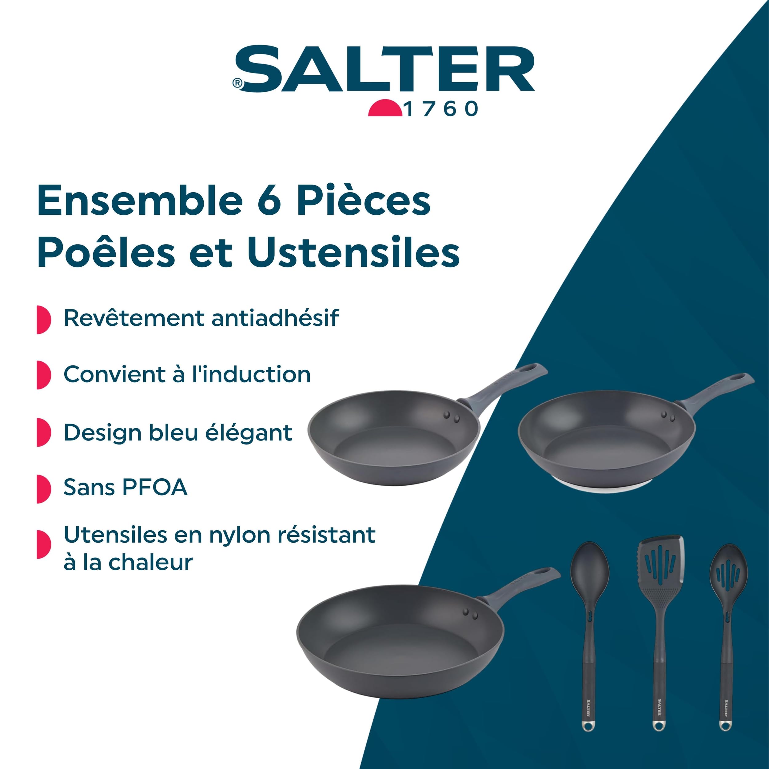 Salter COMBO-8695 Marino 6 Piece Utensil & Frying Pan Set - 24/28/30cm Non-Stick Induction Frying Pans, Forged Aluminium, Heat Resistant Nylon Utensils, Slotted Spatula, Slotted Spoon, Solid Spoon