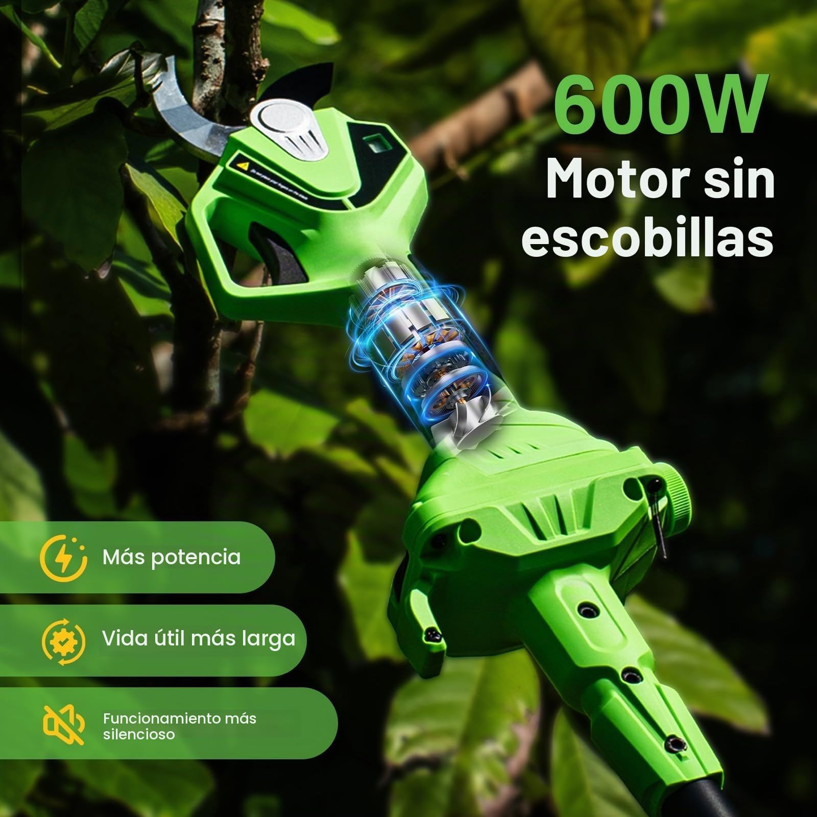 TaskStar Tijera de Podar Eléctrica con Mango Telescópico: 2-en-1 Tijeras de Jardín Eléctricas- Motor Sin Escobillas, 2X 4,0Ah Baterías, Hoja SK5 Extra, 2 Modos, Corte de 40mm para Árboles y Flores