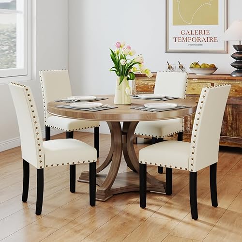 Miniatura 14 de Juego de 2 sillas de comedor de madera, sillas auxiliares de cocina tapizadas de tela moderna, silla de respaldo alto con clavos de cobre (beige)