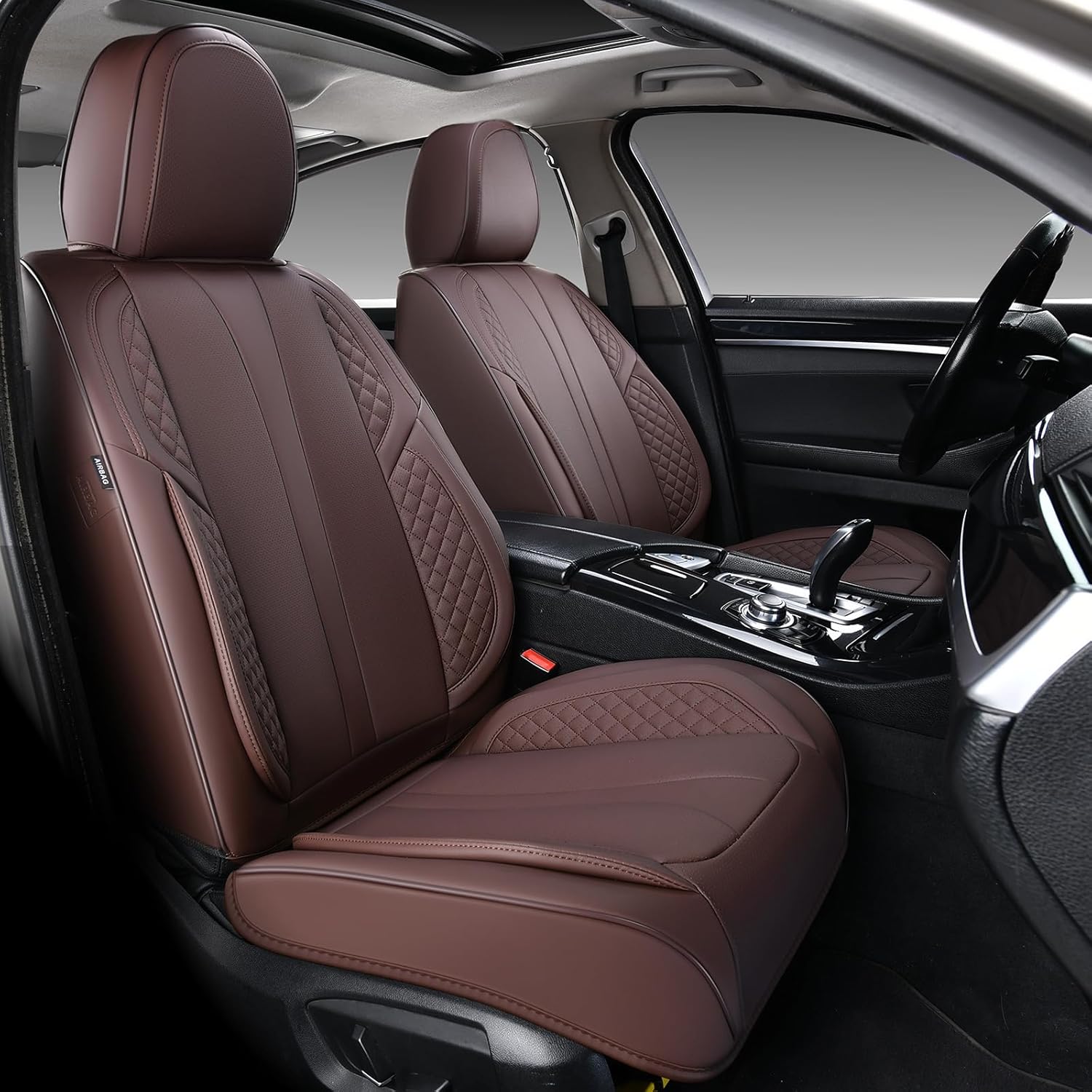 keyoog 2-seater car seat covers full set waterproof and breathable nappa leather, fit for front seats of cars, compatible with airbags, car seat protector covers for most cars - coffee color coffee color front