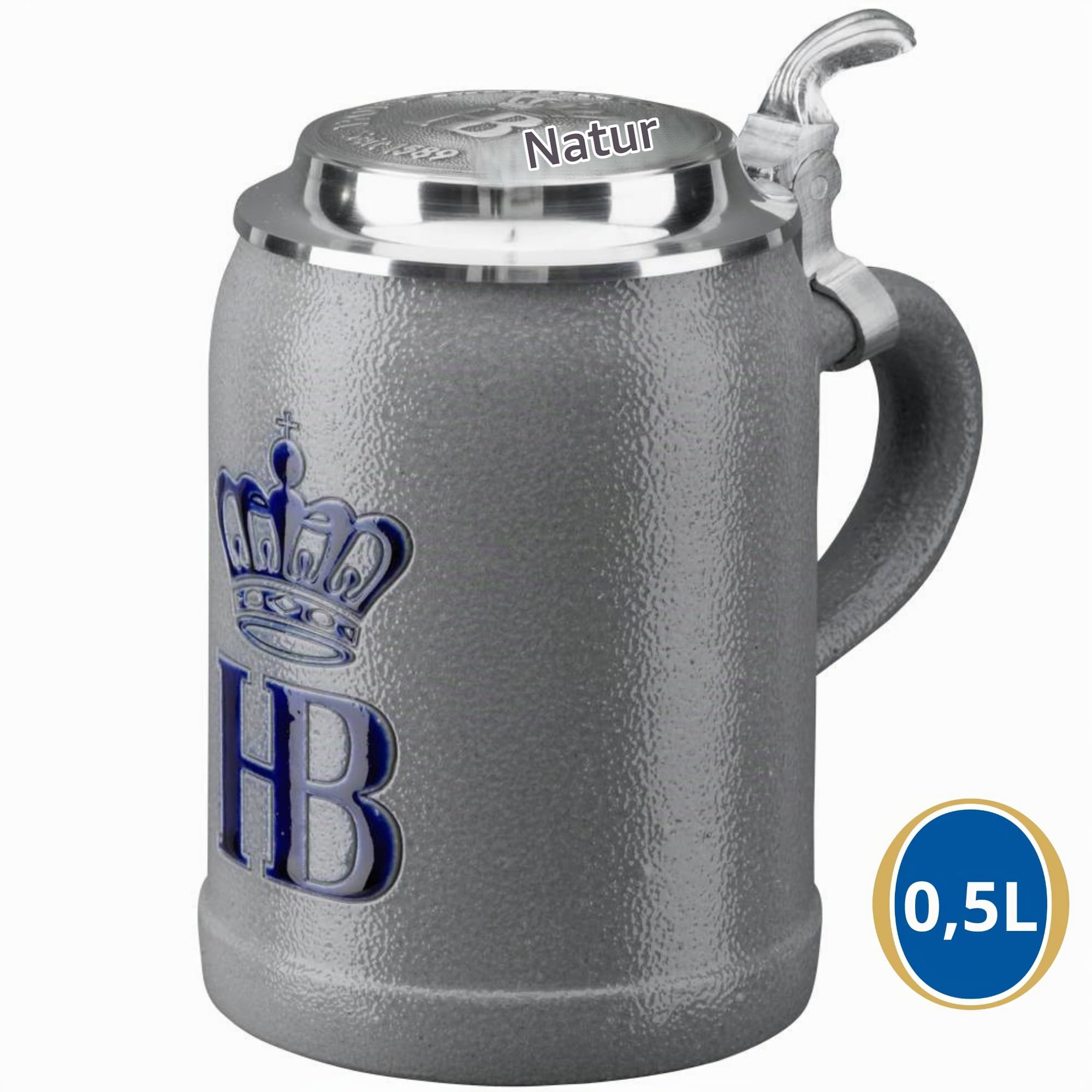 Hofbräuhaus München Stein Bierkrug 0,5 L Original Salzglasur mit Zinndeckel | Maßkrug | Bierglas mit HB Logo, Krug, Geschenkidee für Herren und Damen (mit Zinndeckel, 0,5 Liter (1 Stück))
