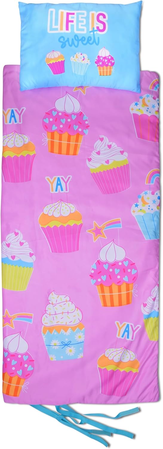 iscream Pretty Print Cozy Silky Soft Fleece Lined Sleeping Bag and Pillow Set for Kids - Cupcake Party