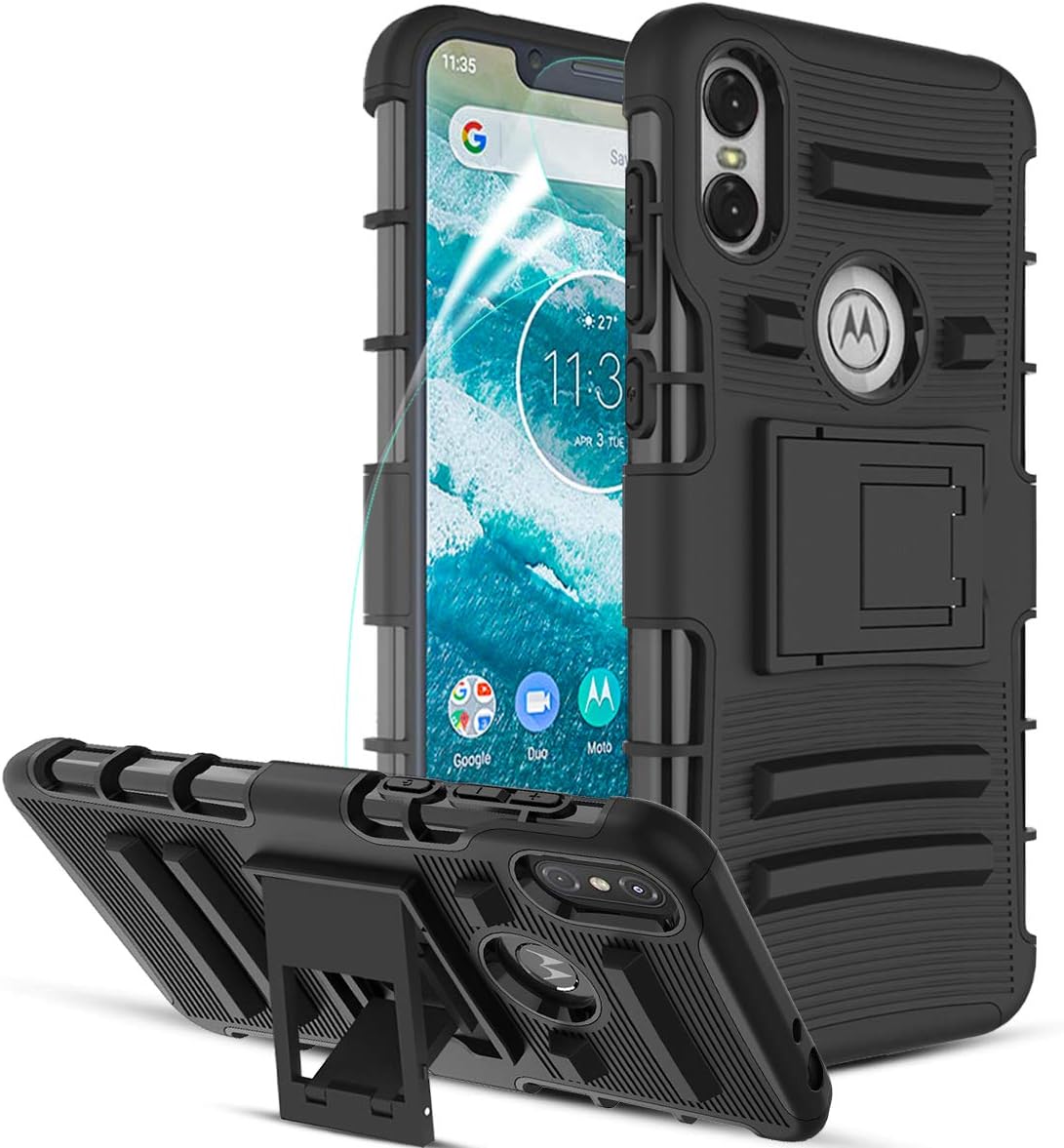 Motorola One Case,Motorola Moto One Case w/Screen Protector,Moto P30 Play Case,Kickstand Heavy Duty Full-Body Durable Dual Layer TPU+PC Shockproof Rugged Armor Protective Case Cover Skin,Black