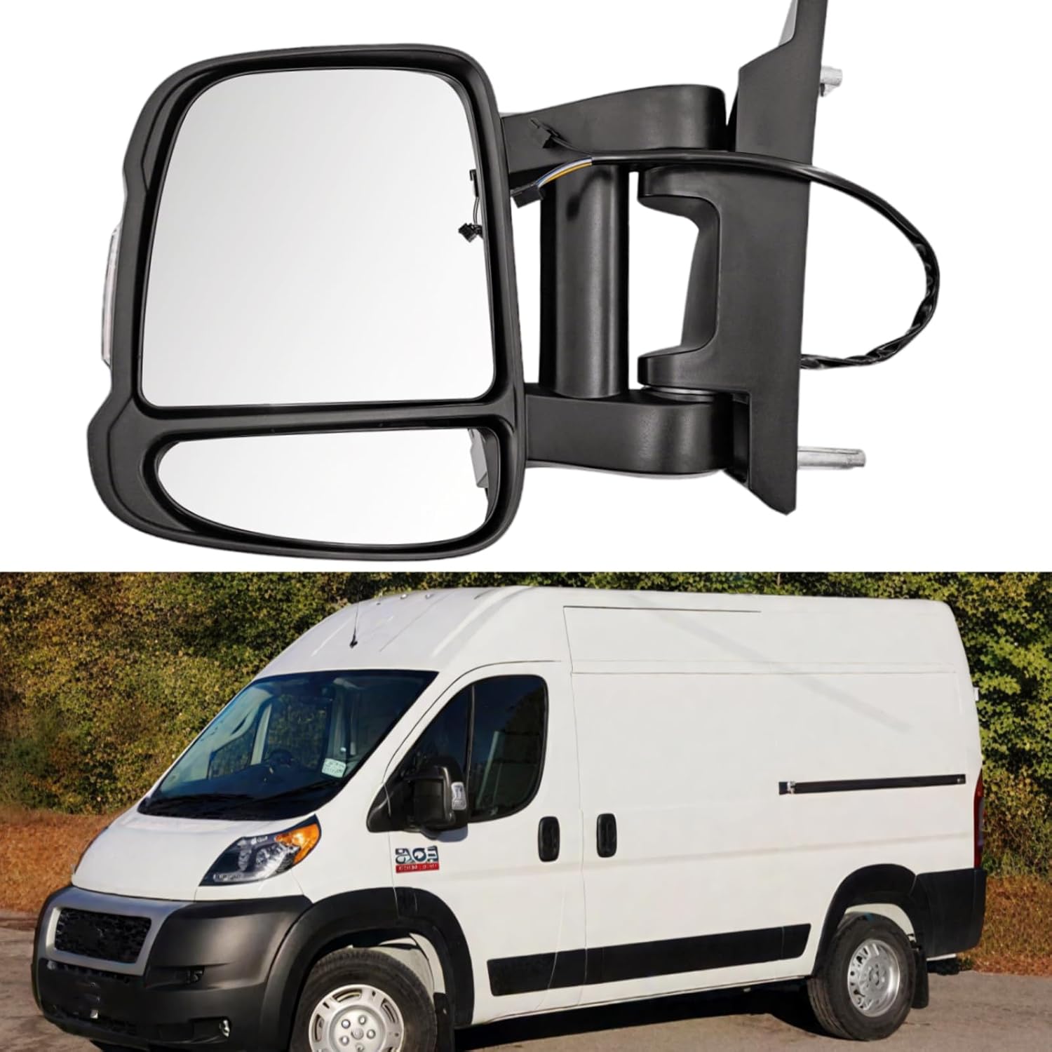 Left Driver Side Extended Long Arm Mirror 8+2 Pins Compatible with Ram Promaster 1500 2500 3500 2014-2023 Heated Power Glass Turn Signal Light Temperature Sensor Manual Folding, No Blind Spot