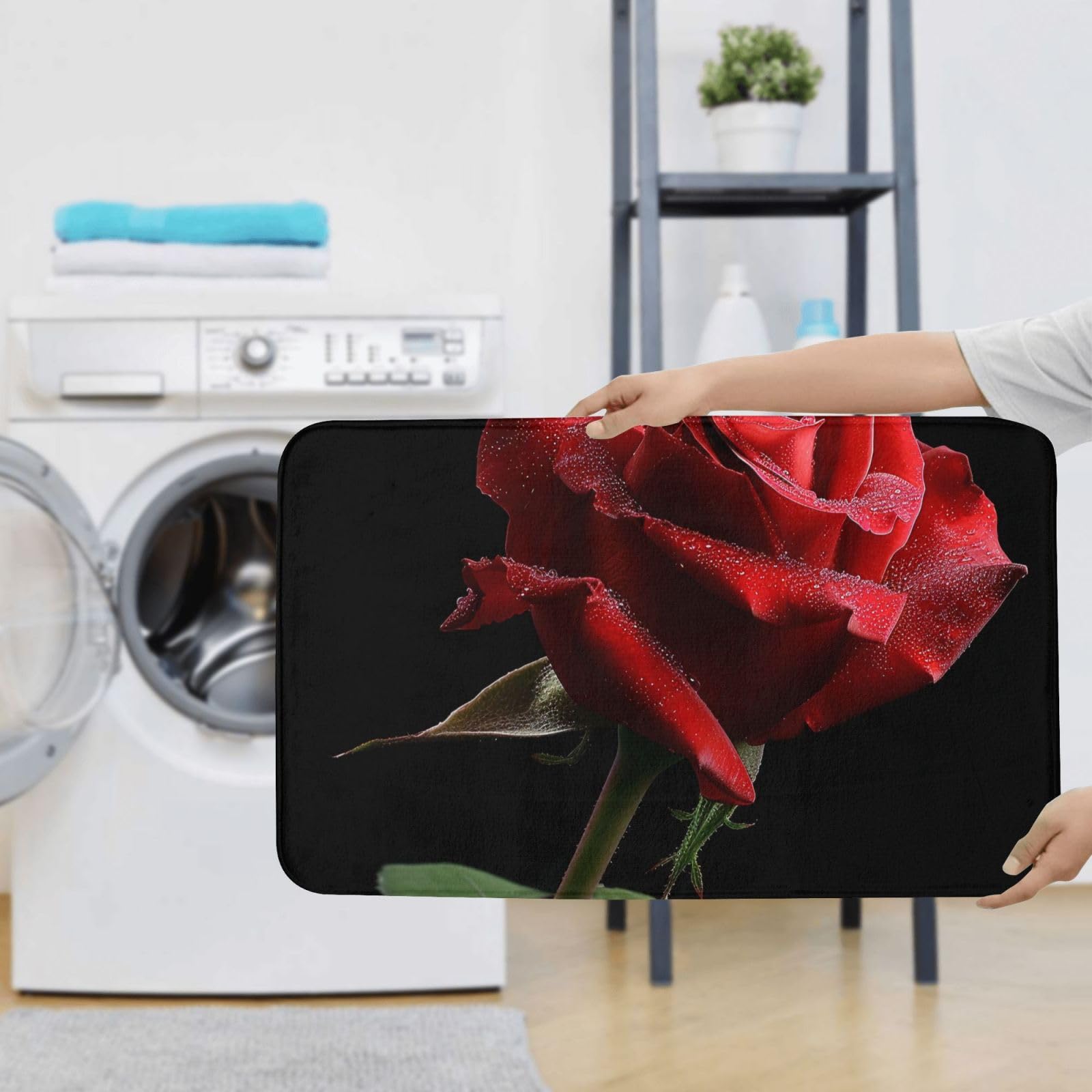 Lot de 3 tapis de bain antidérapants et absorbants en flanelle avec motif imprimé rose rouge et fond noir