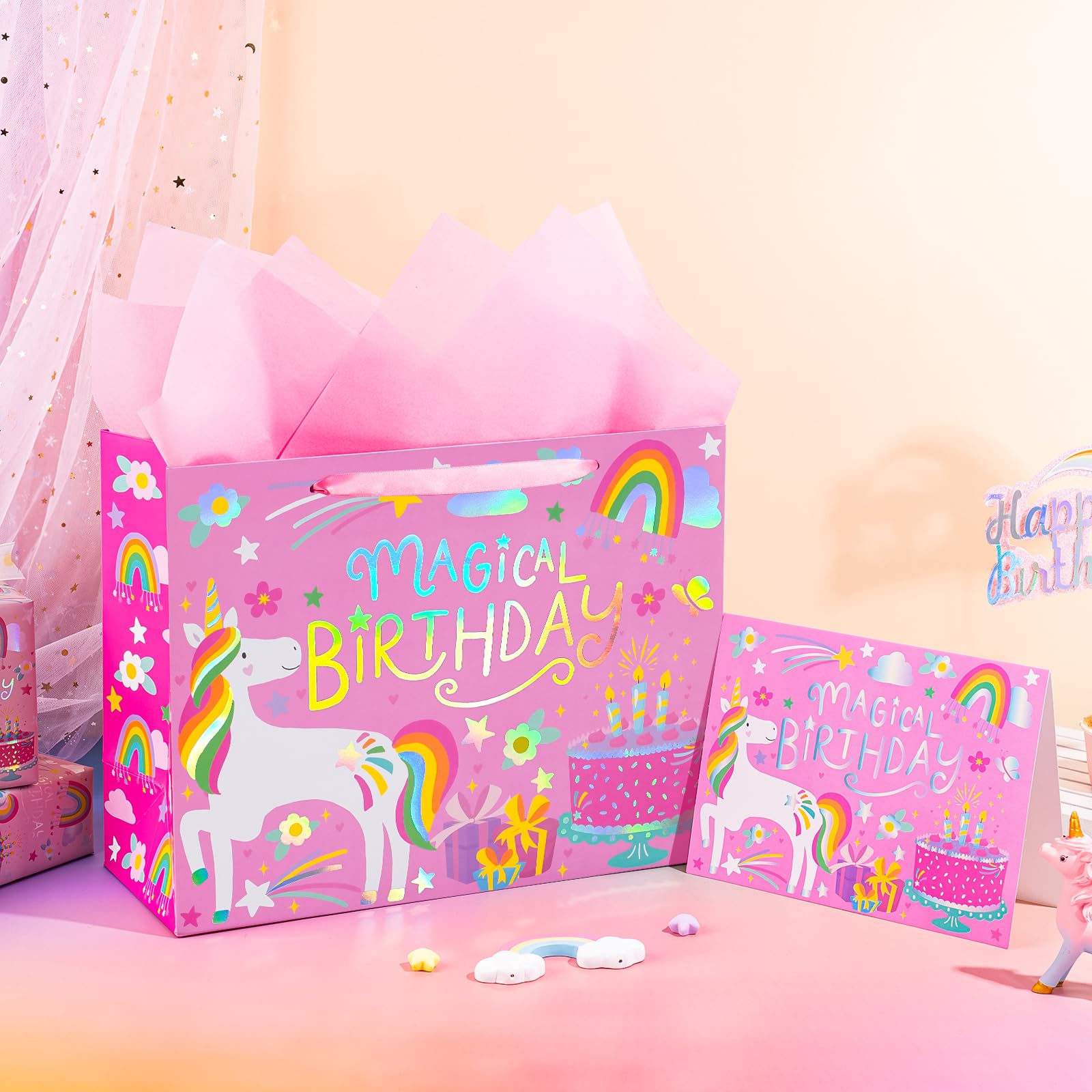 WRAPAHOLIC 13" Large Unicorn Birthday Gift Bag with Card and Tissue Paper - Rainbow Foil Unicorn Paper Bags for Baby Girl Shower and Birthday