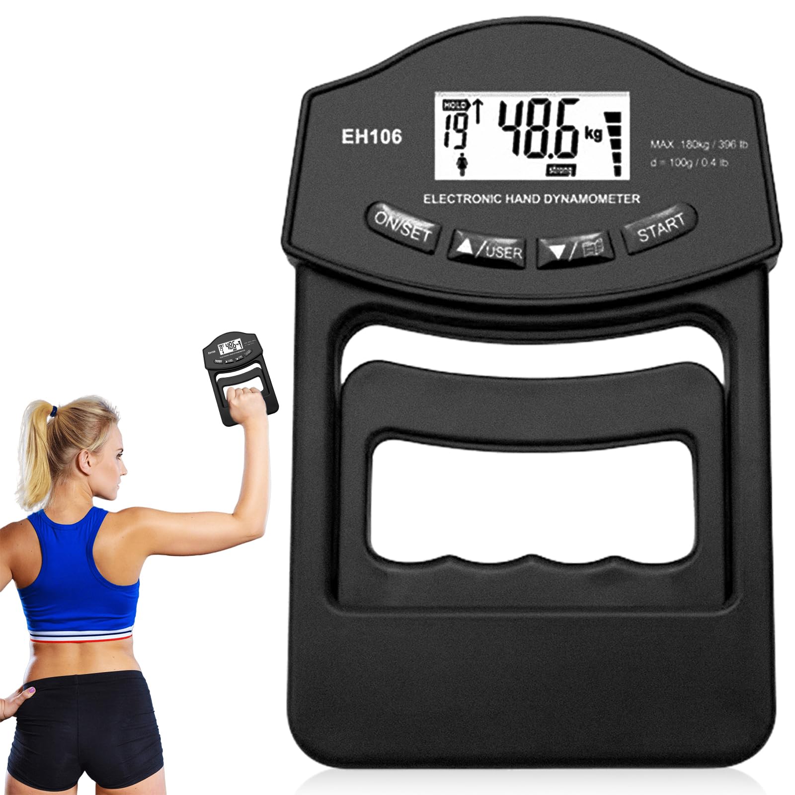 Dynamómetro digital de mano, 396 lb/180 kg, color negro, con cable de carga USB, agarre inteligente y sensible, medidor de fuerza de agarre electrónico, pantalla LED grande