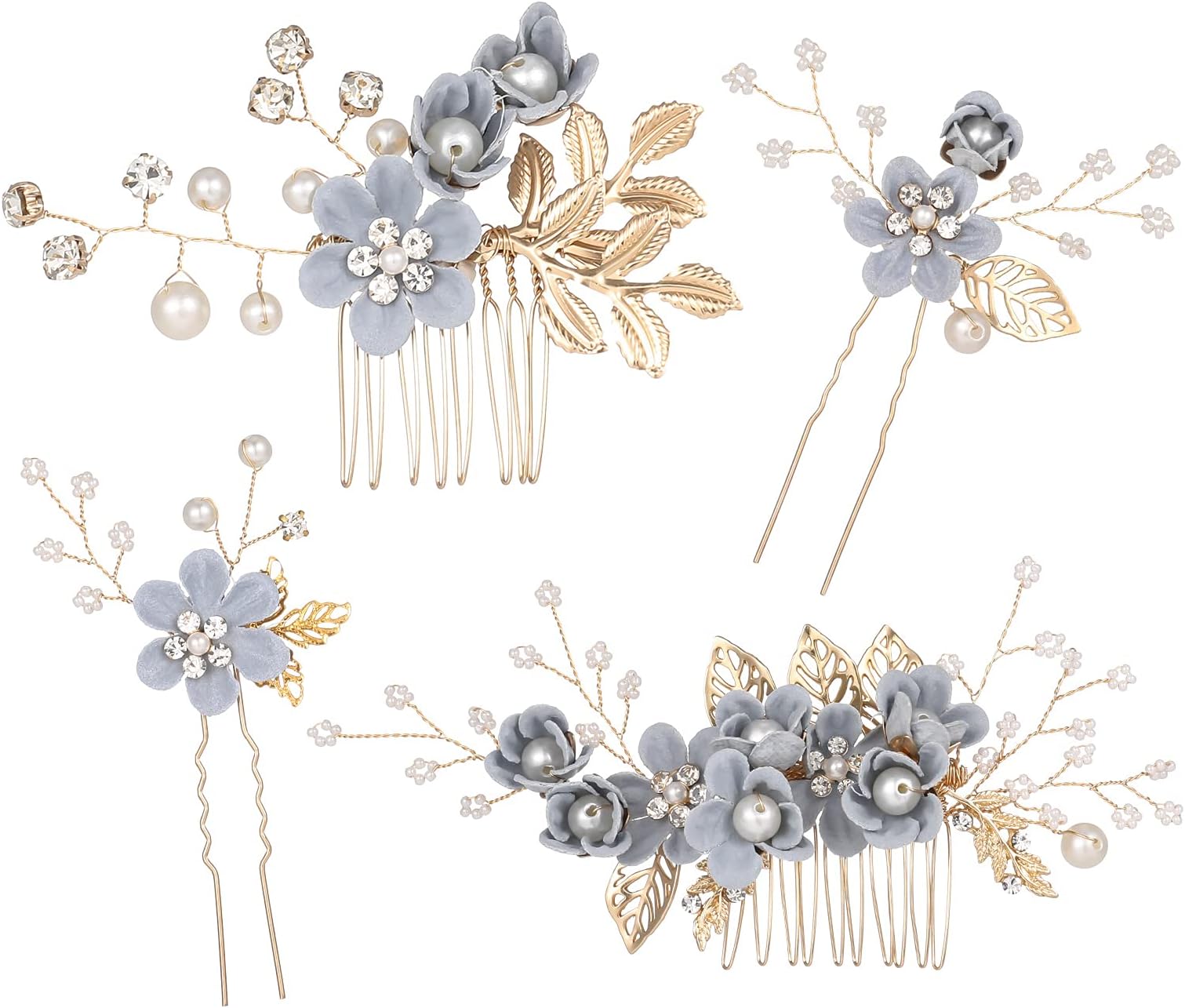 BOWIN Wedding Hair Comb Pearl Crystal Bride Hair Accessories Hair Side Comb Clips Rose Gold Flower Rhinestone Head Pieces for Bridesmaid Women and Girls, Set of 4 (Grey)