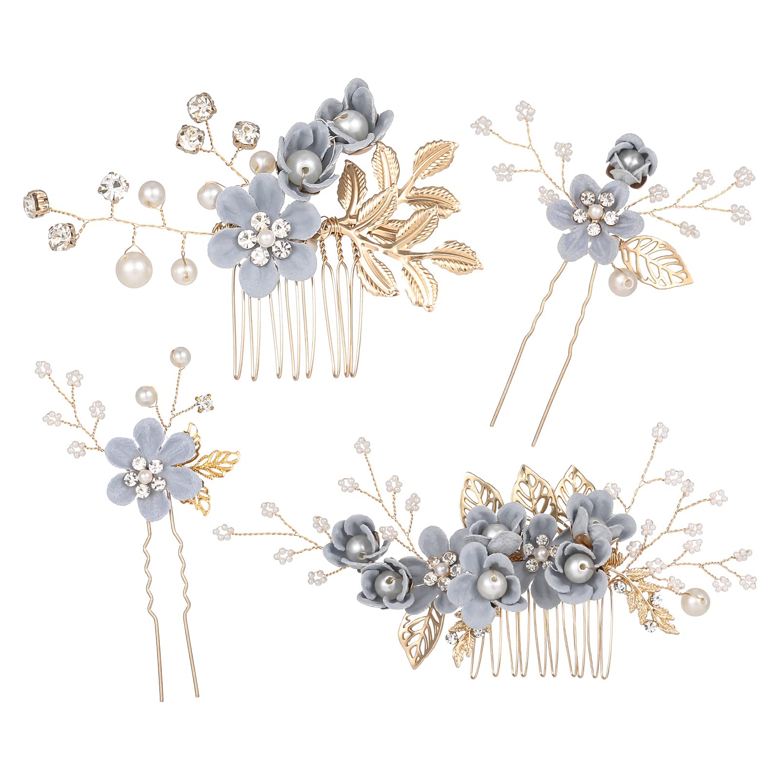 BOWIN Wedding Hair Comb Pearl Crystal Bride Hair Accessories Hair Side Comb Clips Rose Gold Flower Rhinestone Head Pieces for Bridesmaid Women and Girls, Set of 4 (Grey)