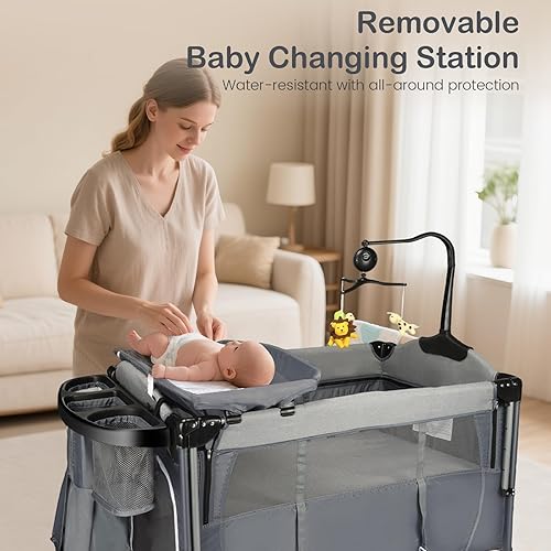 Miniatura 2 de Cuna de bebé 5 en 1 Pack and Play, cuna lateral, cuna portátil con cambiador de pañales, estante de almacenamiento y barra de juguetes con caja de