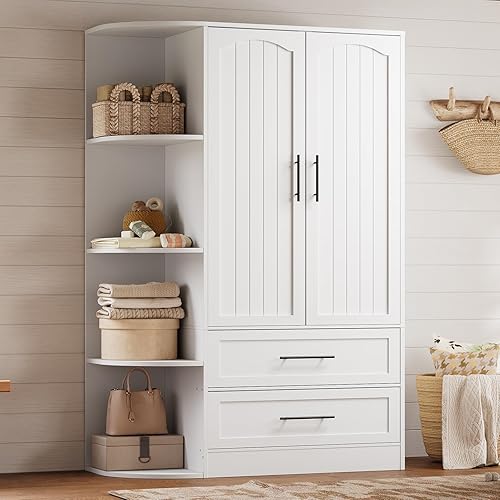 HOOBRO Wardrobe Closet with Doors, 70.9" Tall Armoire Wardrobe Closet with 4 Storage Shelves, Wooden Bedroom Armoire with 2 Drawers and Hanging Rod, Clothing Storage Cabinet for Bedroom, White