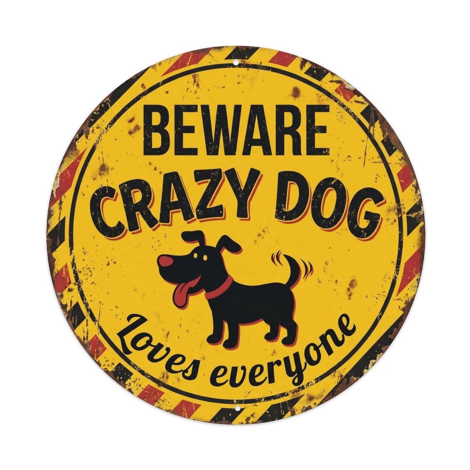 Cmhok Vintage Style Beware Crazy Dog Vintage Round Wall Decor Retro Slogans Metal Tin Sign Plaque Wall Decor For Cafe, Club, Garden Round Metal Poster 8X8inch