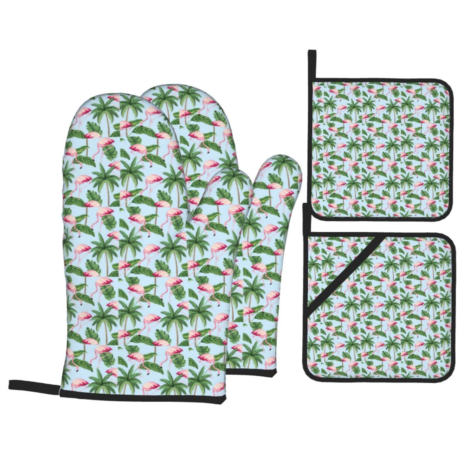 Nimongt Black Tropical Flamingos Print Heat-Resistant 4-Piece Oven Kitchen Gloves For Baking Cooking Microwaving Essentials
