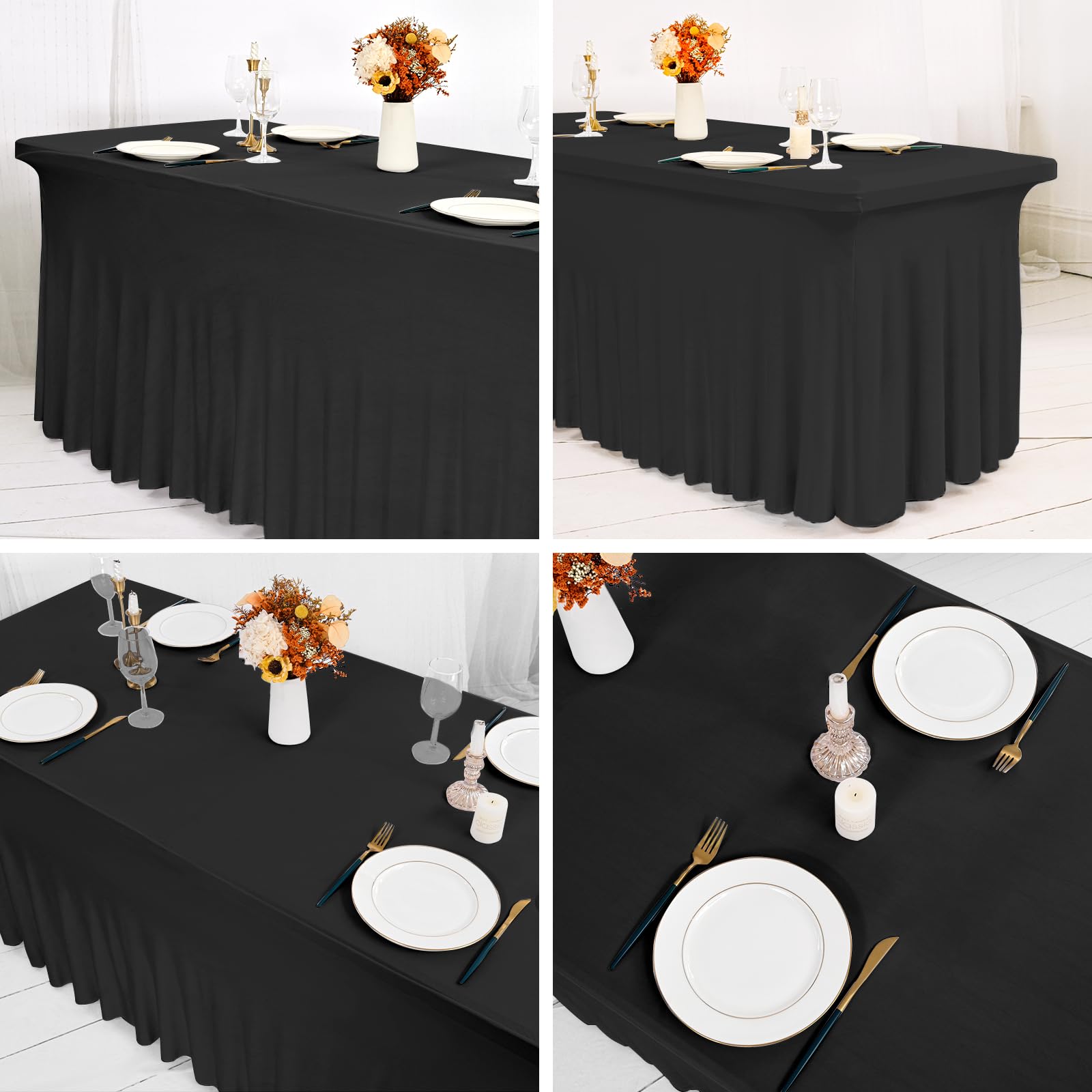 Lot de 2 jupes de table en élasthanne noir pour tables rectangulaires de 1,8 m, infroissables, nappe en élasthanne ajustée, nappe extensible avec jupe pour mariages banquets salons commerciaux fêtes