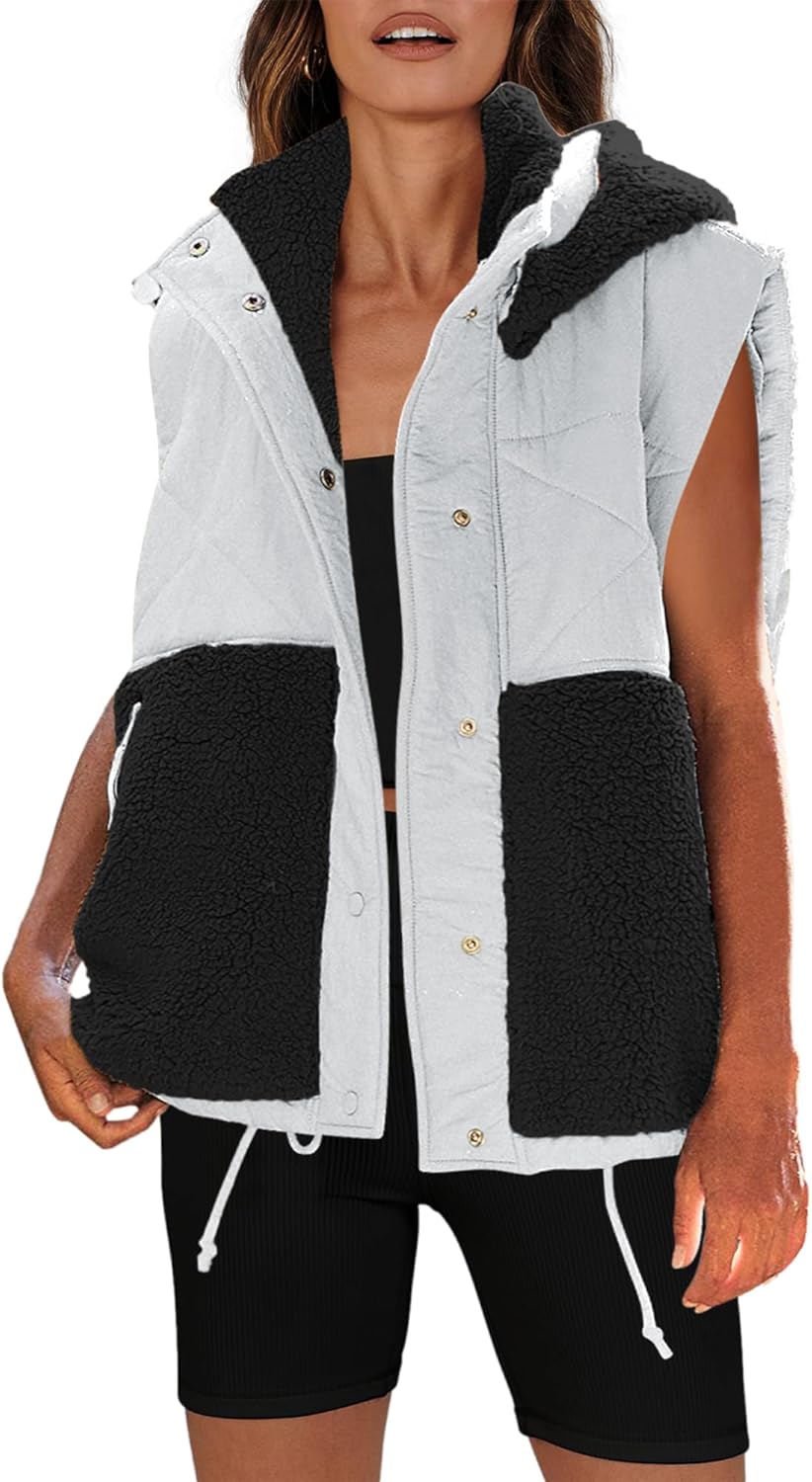 Nirovien Womens Oversized Quilted Vest Color Block Fleece Vest Button Down Padded Outwear Removeable Hooded with Pockets(White Black,L) - Image 2