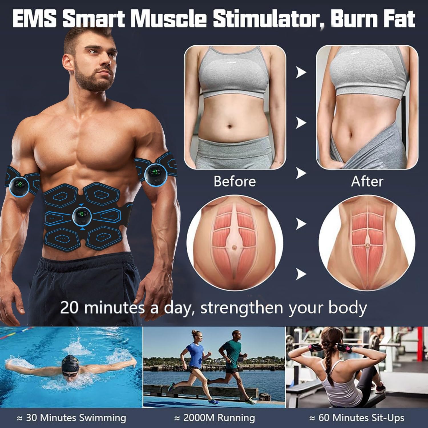Elettrostimolatore per Addominali,Elettrostimolatore Muscolare Professionale,Elettrostimolatore Addominali, EMS Stimolatore Muscolare Addome/Braccio/Gambe/Waist/Glutei